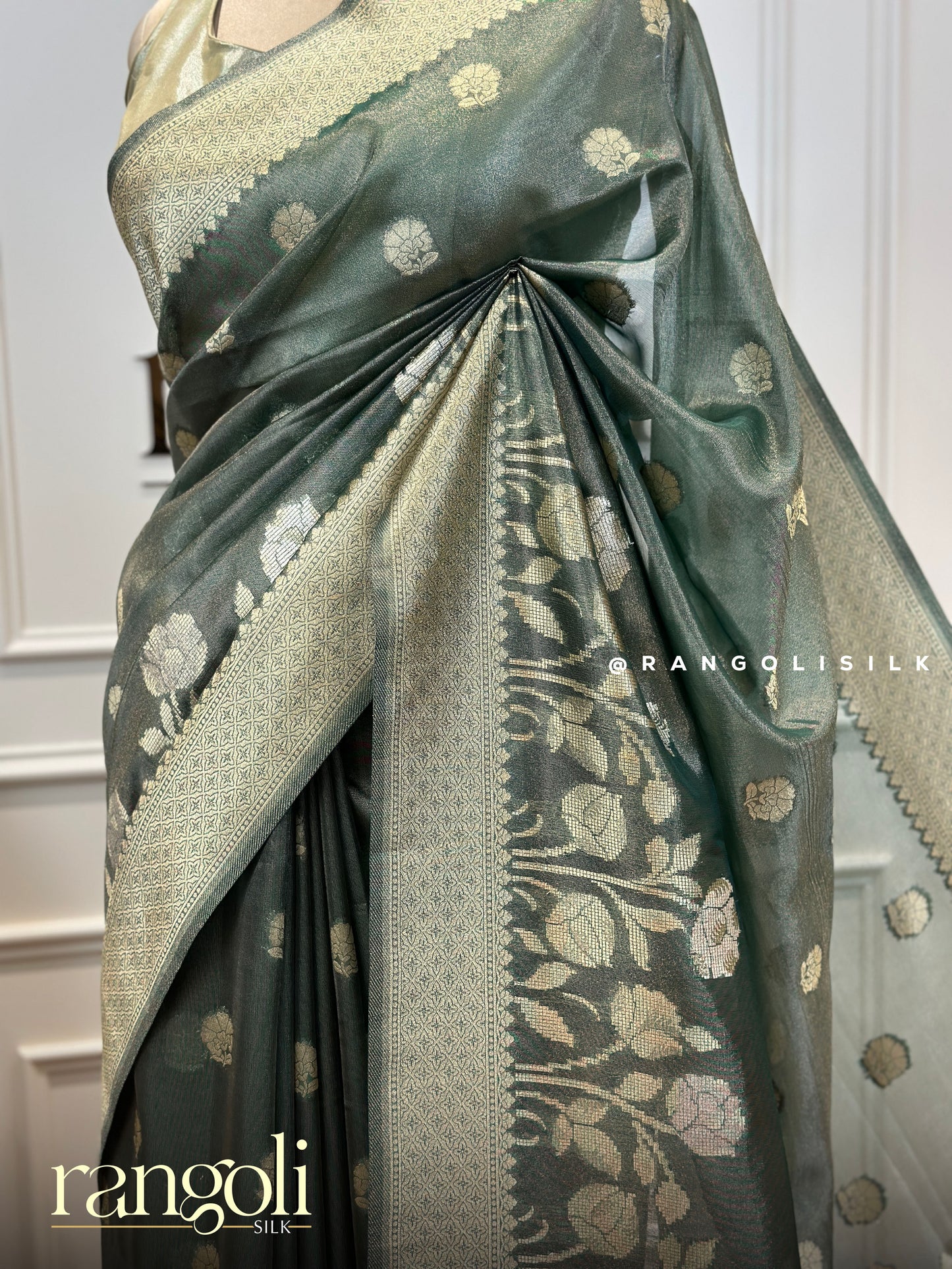 Tissue Banarasi Saree in Fresh Shades with Floral Motifs & Elegant Pallu - Post 419