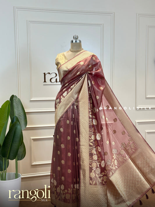 Tissue Banarasi Saree in Fresh Shades with Floral Motifs & Elegant Pallu - Post 419
