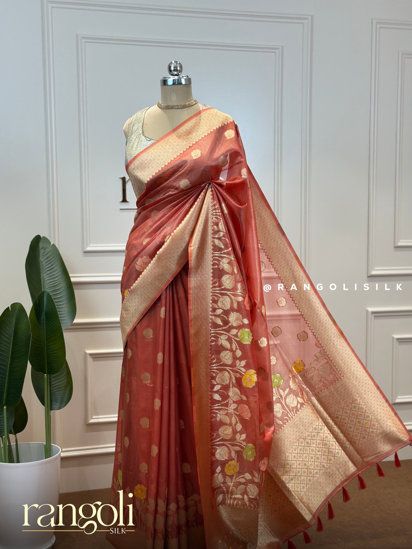 Tissue Banarasi Saree in Fresh Shades with Floral Motifs & Elegant Pallu - Post 419