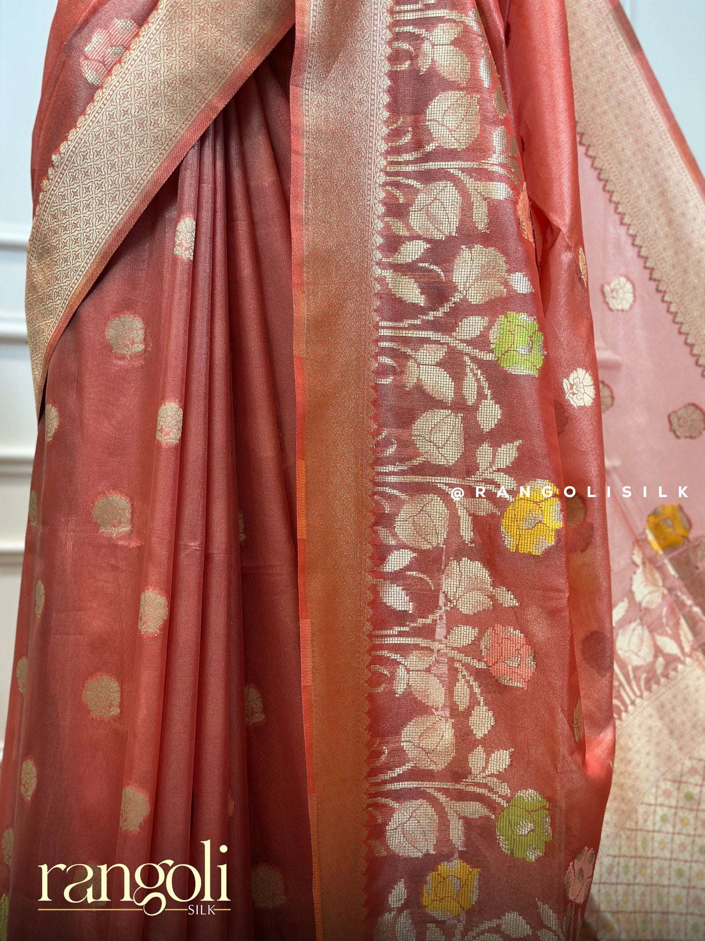 Tissue Banarasi Saree in Fresh Shades with Floral Motifs & Elegant Pallu - Post 419
