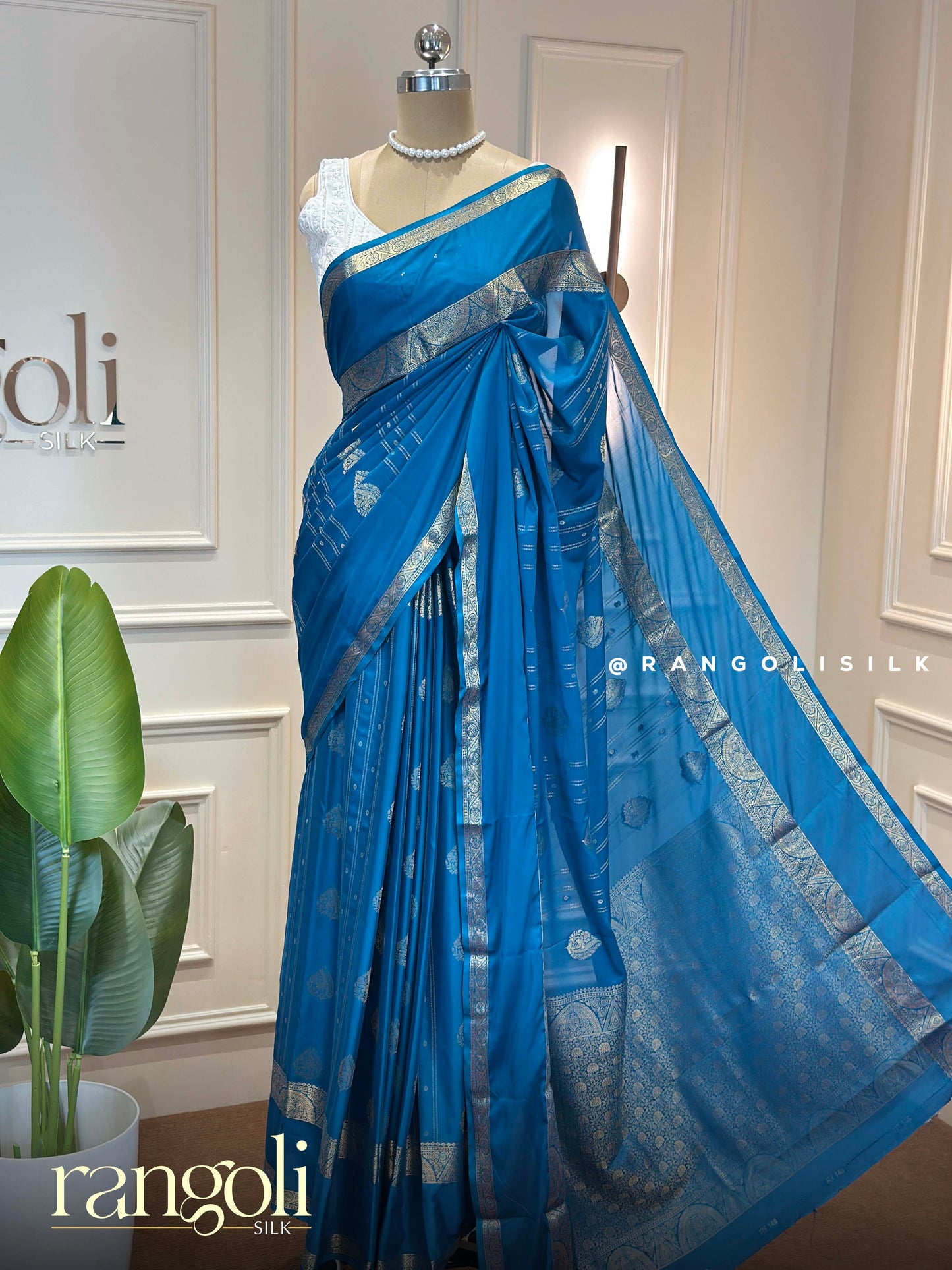 Semi Mysore Silk Saree with Zari Buttas, Striped Design & Rich Pallu - Post 935