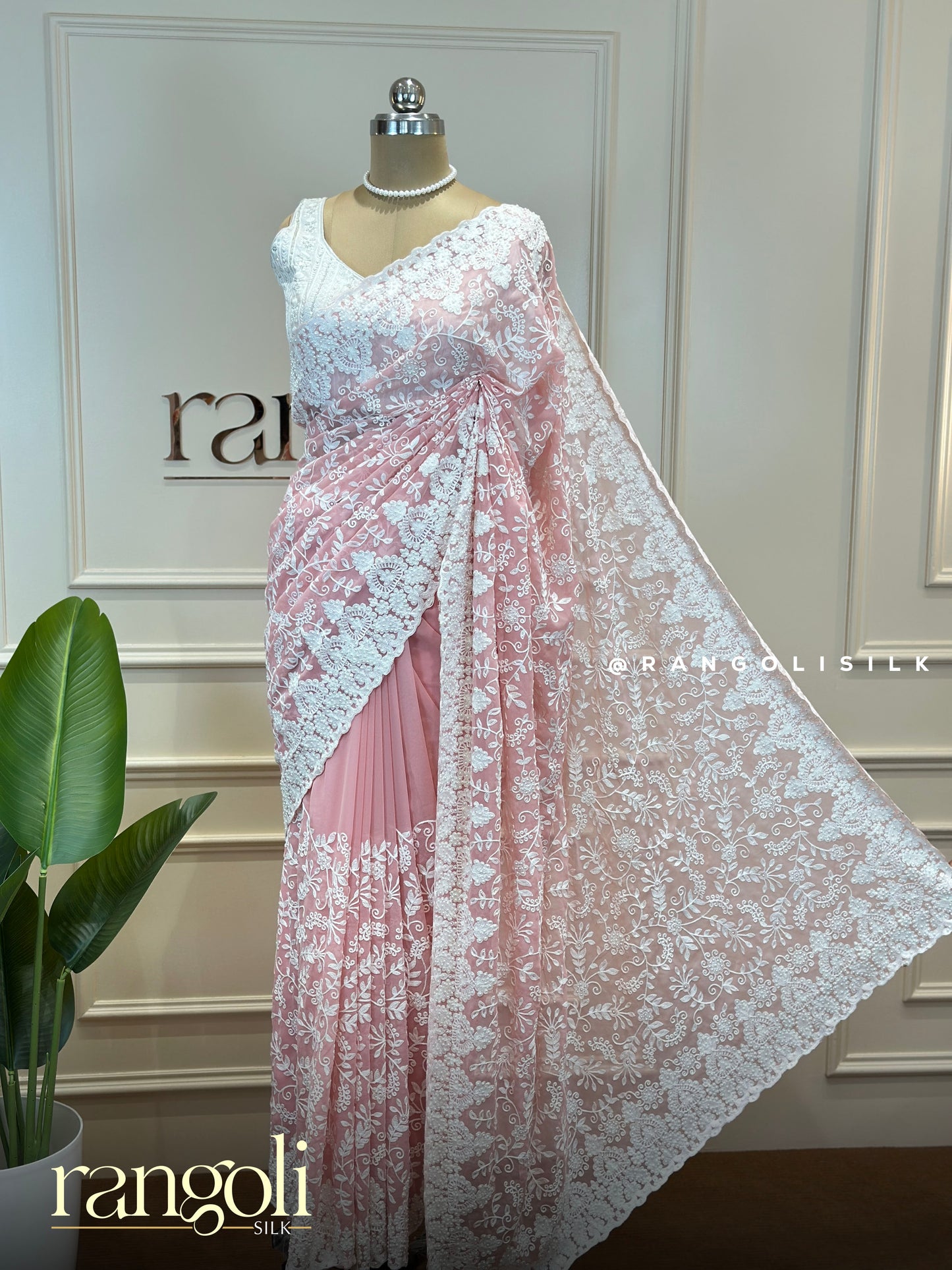 Designer Chiffon Saree in Pastel Shades with White Thread Embroidery - Post 811