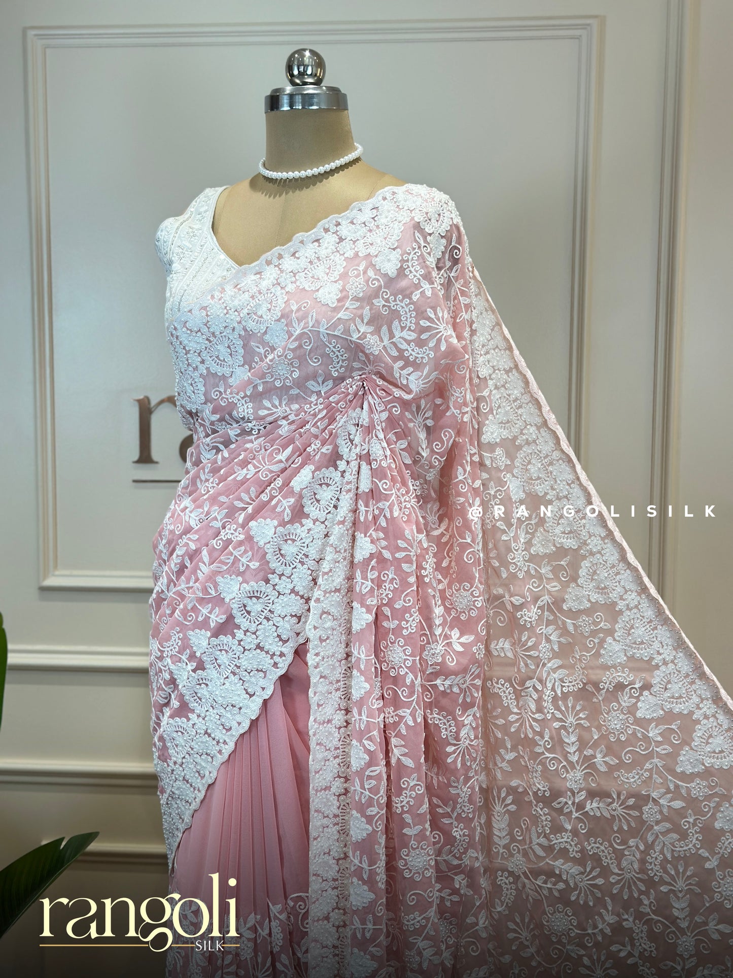 Designer Chiffon Saree in Pastel Shades with White Thread Embroidery - Post 811