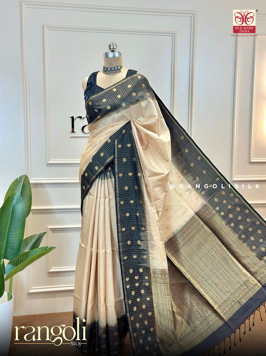 Pure Soft Silk Saree in Ivory with Contrast Black Pallu  - Post 514