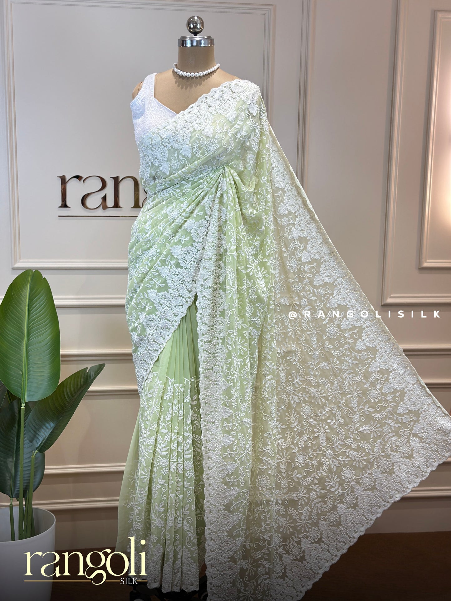 Designer Chiffon Saree in Pastel Shades with White Thread Embroidery - Post 811