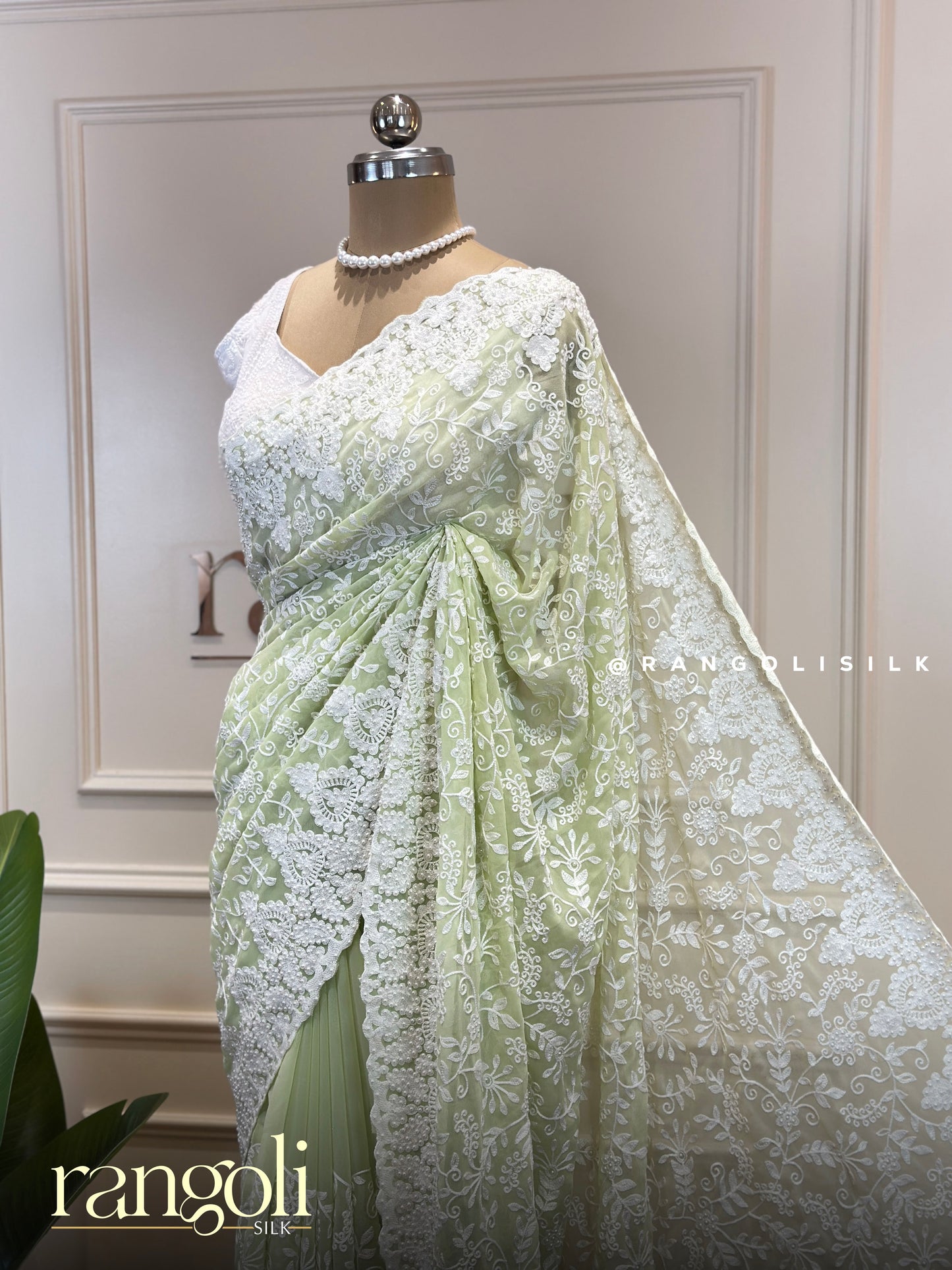 Designer Chiffon Saree in Pastel Shades with White Thread Embroidery - Post 811