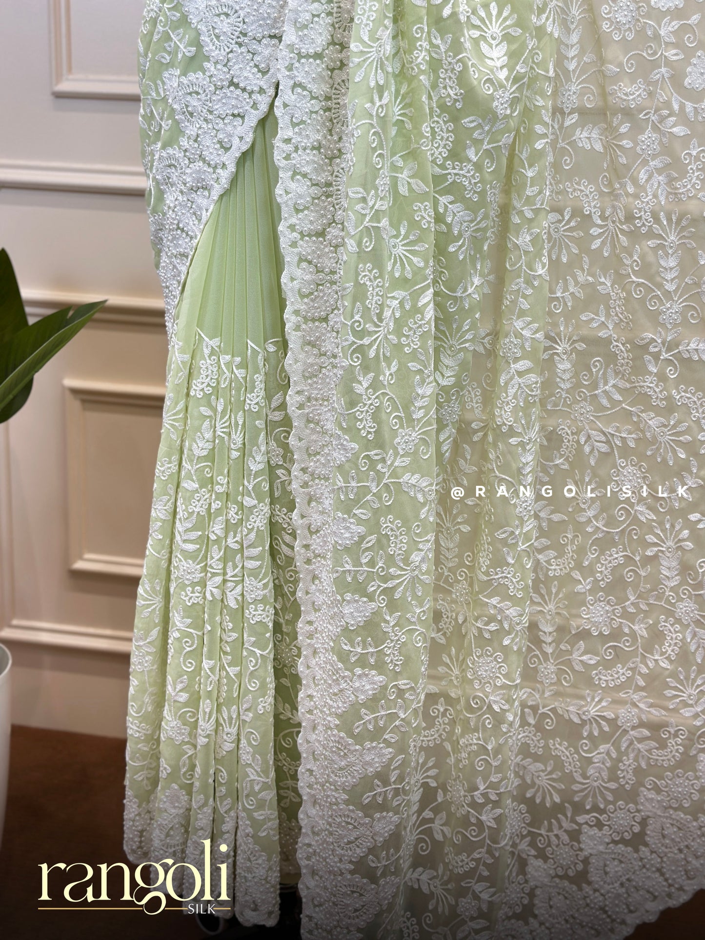 Designer Chiffon Saree in Pastel Shades with White Thread Embroidery - Post 811
