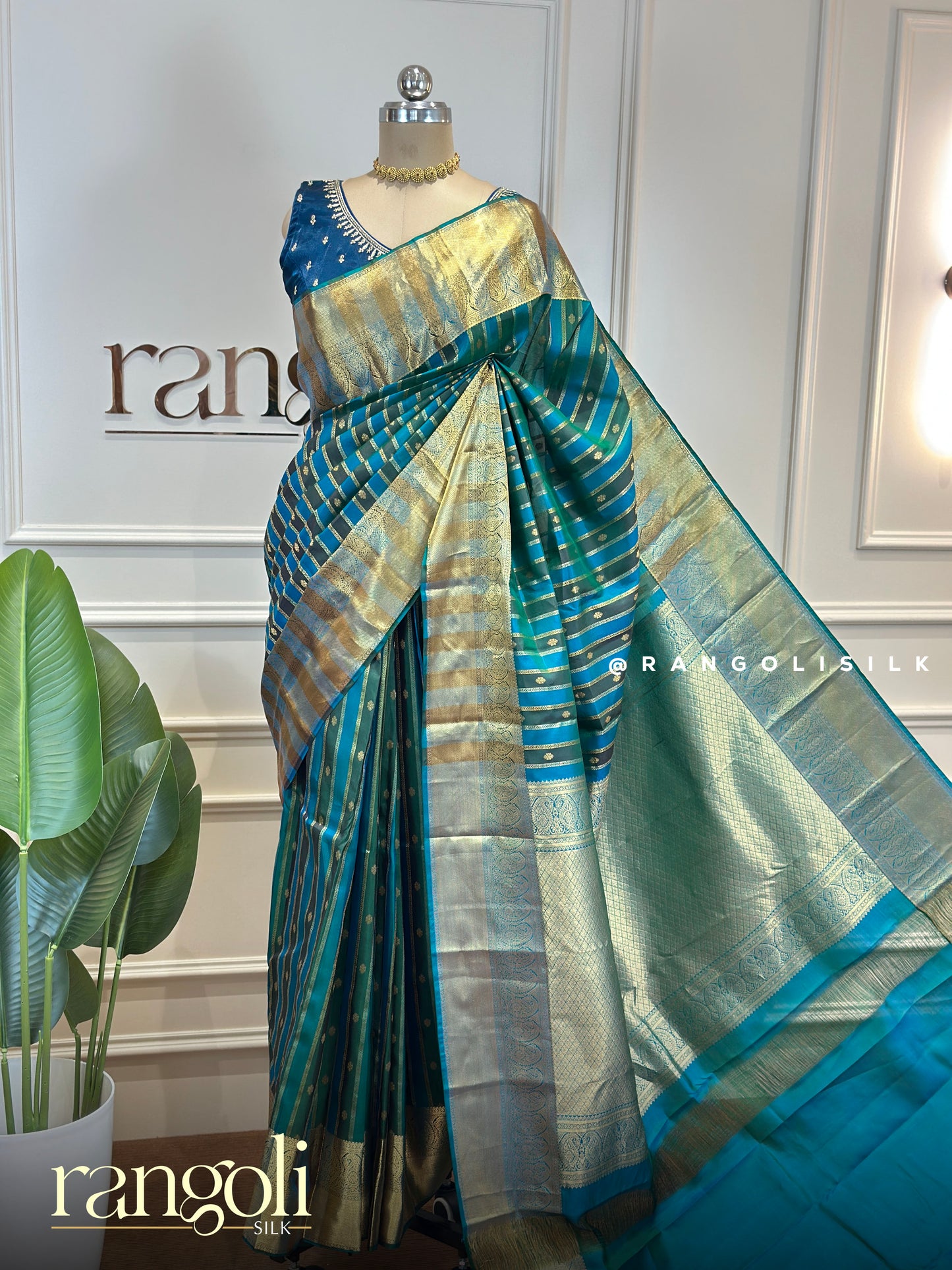Pure Mix Kanjivaram Silk Saree – Teal Blue & Emerald Green with Gold Zari Stripes - Post 823
