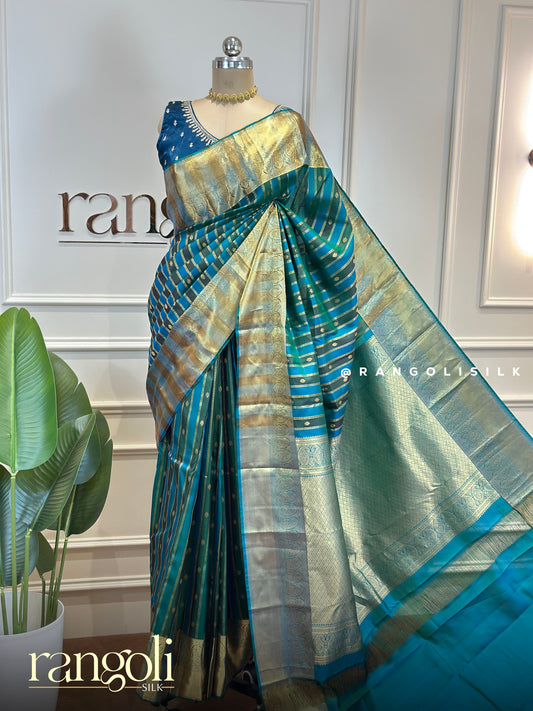 Pure Mix Kanjivaram Silk Saree – Teal Blue & Emerald Green with Gold Zari Stripes - Post 823
