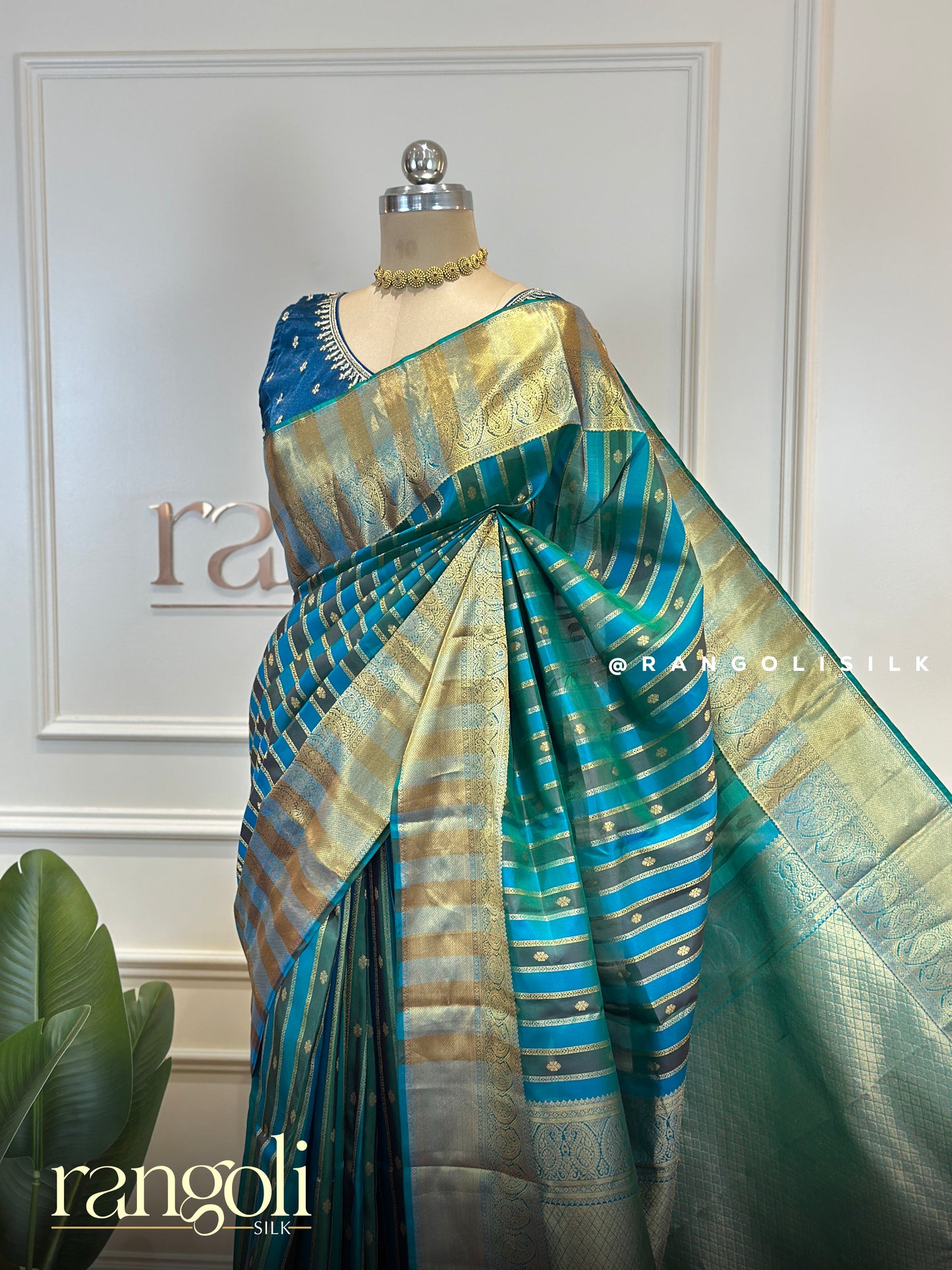 Pure Mix Kanjivaram Silk Saree – Teal Blue & Emerald Green with Gold Zari Stripes - Post 823