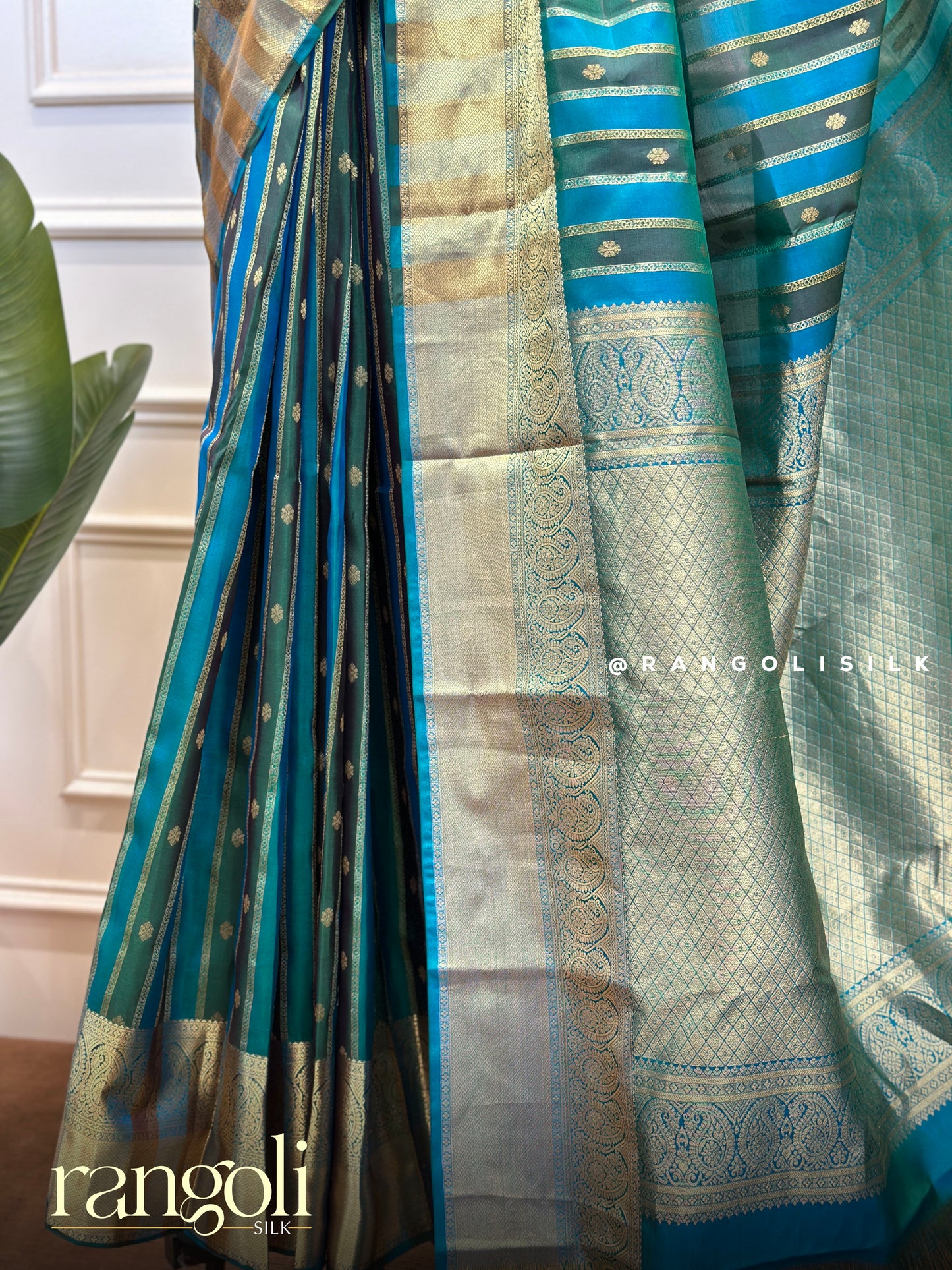 Pure Mix Kanjivaram Silk Saree – Teal Blue & Emerald Green with Gold Zari Stripes - Post 823