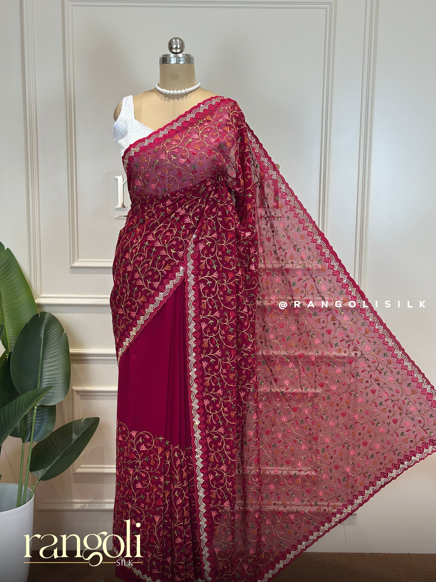Designer Floral Embroidered Saree with Scalloped Border - Post 647