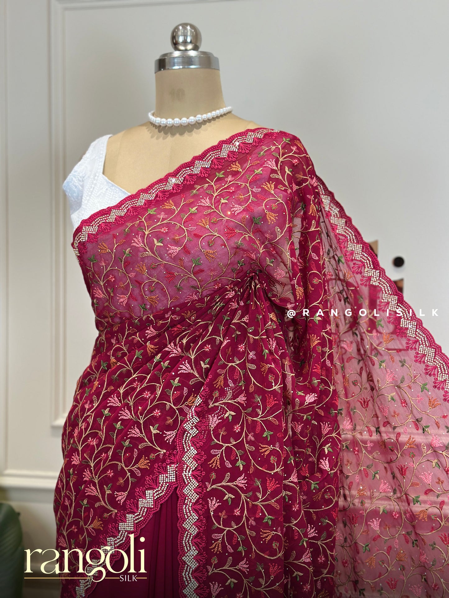 Designer Floral Embroidered Saree with Scalloped Border - Post 647