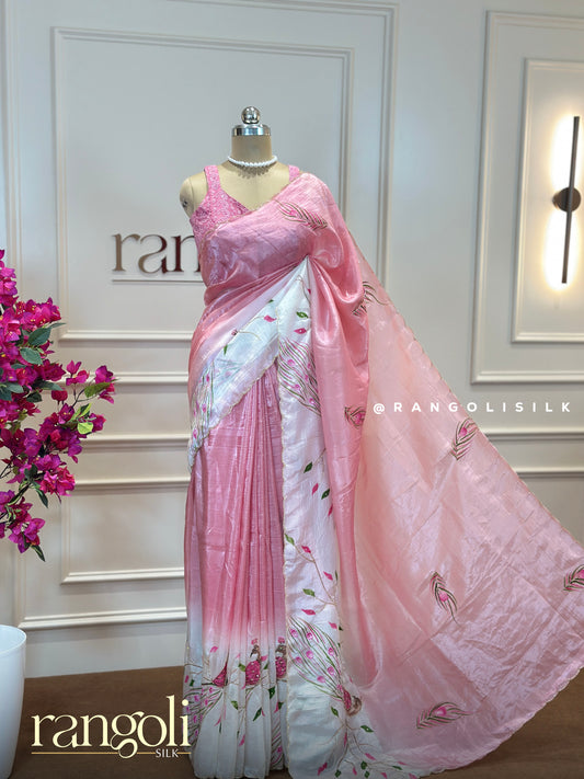 Elegant Soft Pink Designer Saree with Intricate Peacock Motif - Post 516
