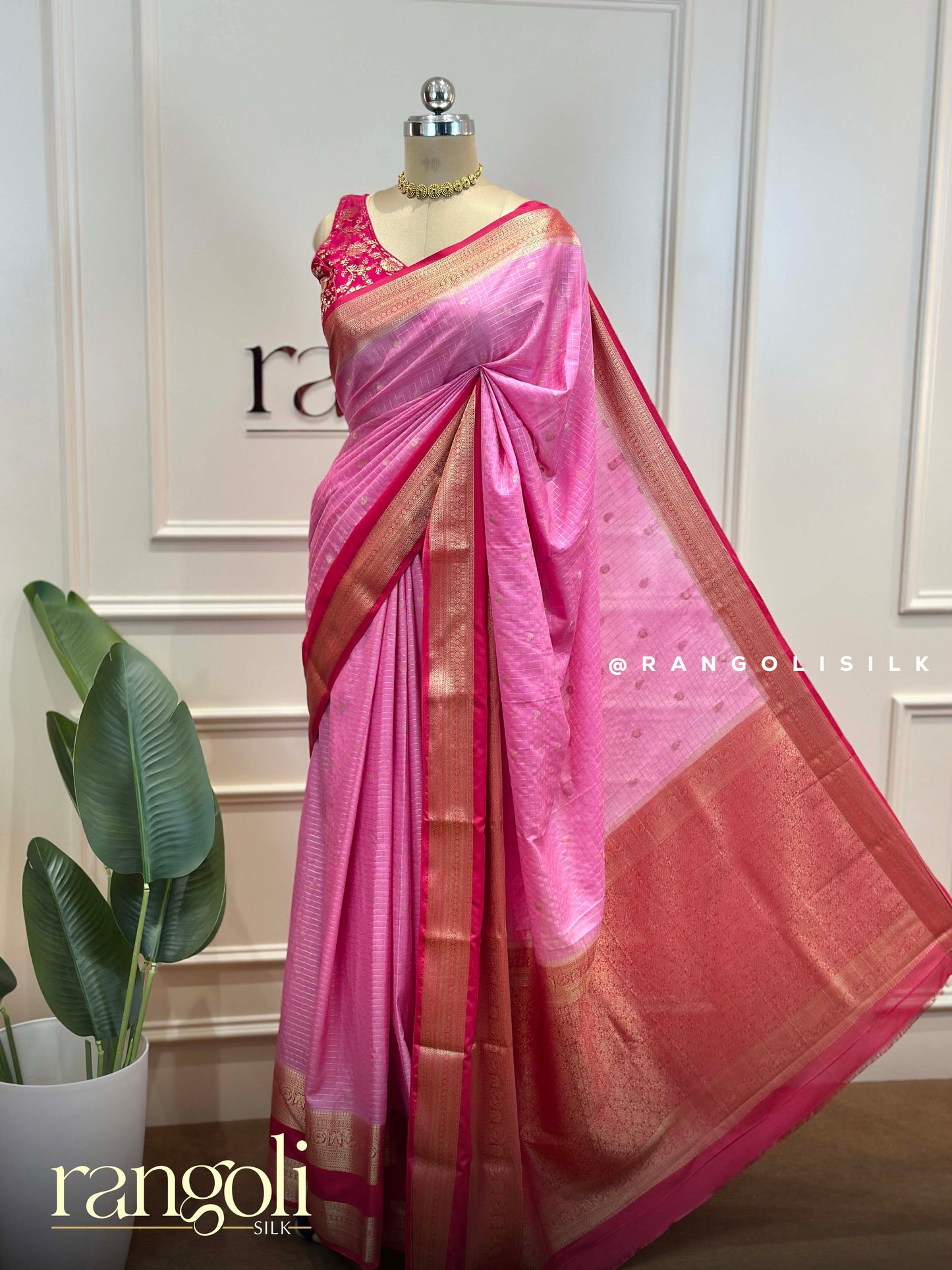 Semi Mysore Silk Sarees with Elegant Checks Design & Contrast Borders - Post 931