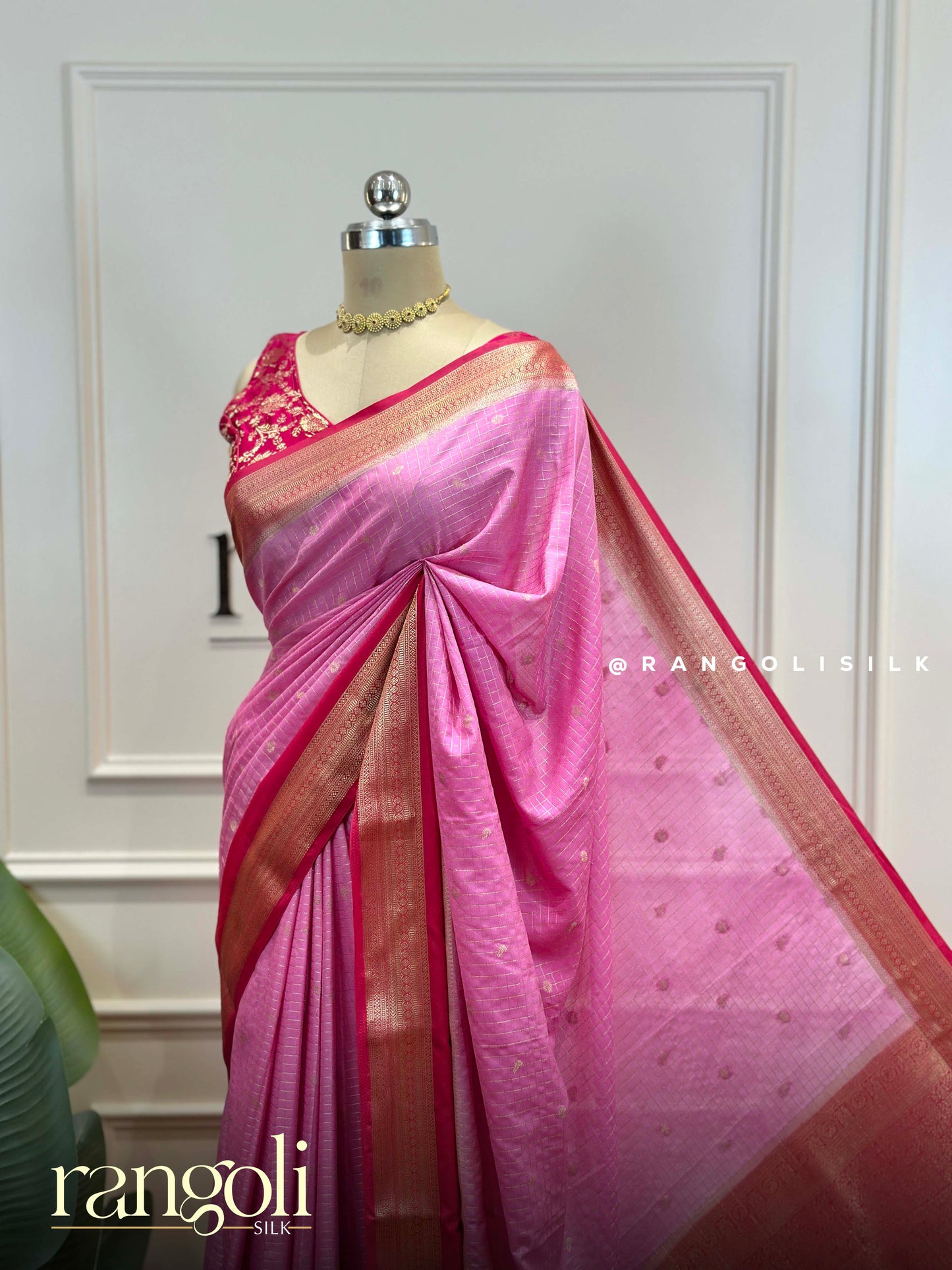 Semi Mysore Silk Sarees with Elegant Checks Design & Contrast Borders - Post 931