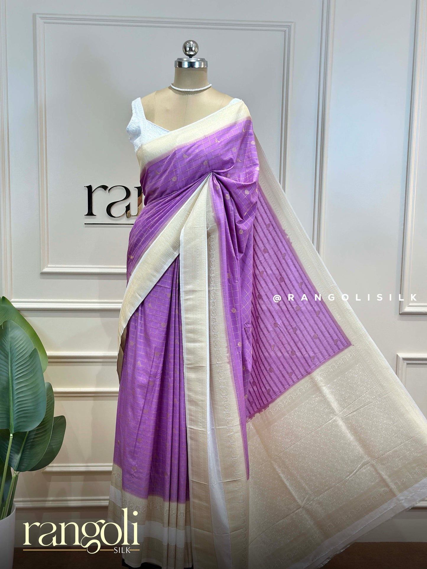 Semi Mysore Silk Sarees with Elegant Checks Design & Contrast Borders - Post 931