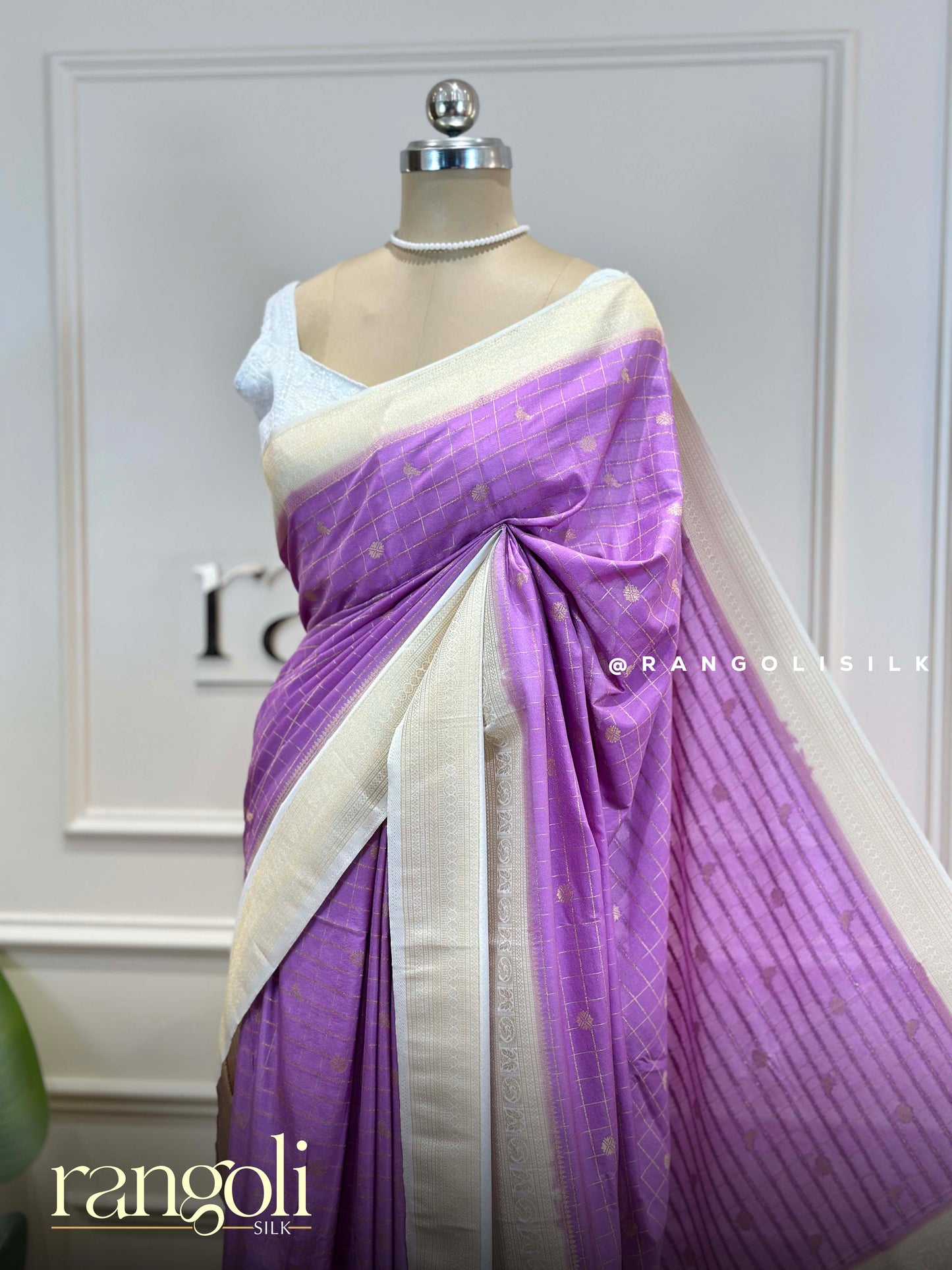 Semi Mysore Silk Sarees with Elegant Checks Design & Contrast Borders - Post 931