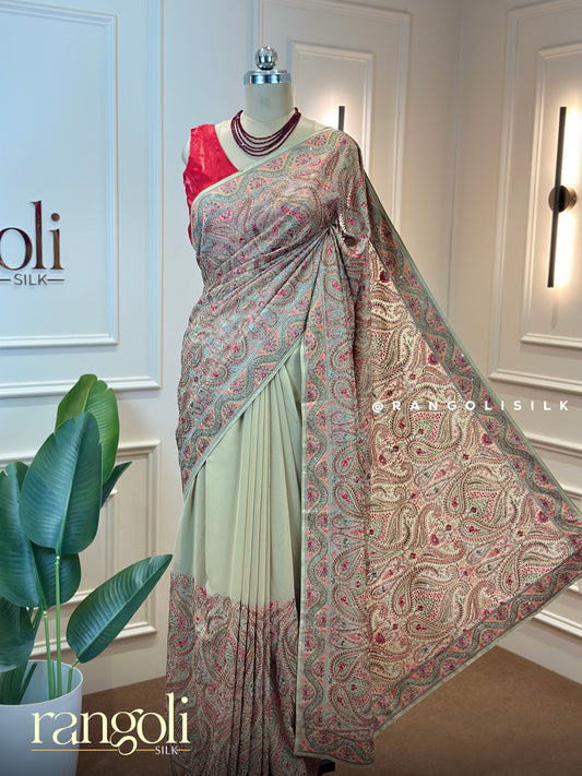 Beige Embroidered Saree with Rose Pink & Sage Green Paisley Motifs - Post 642