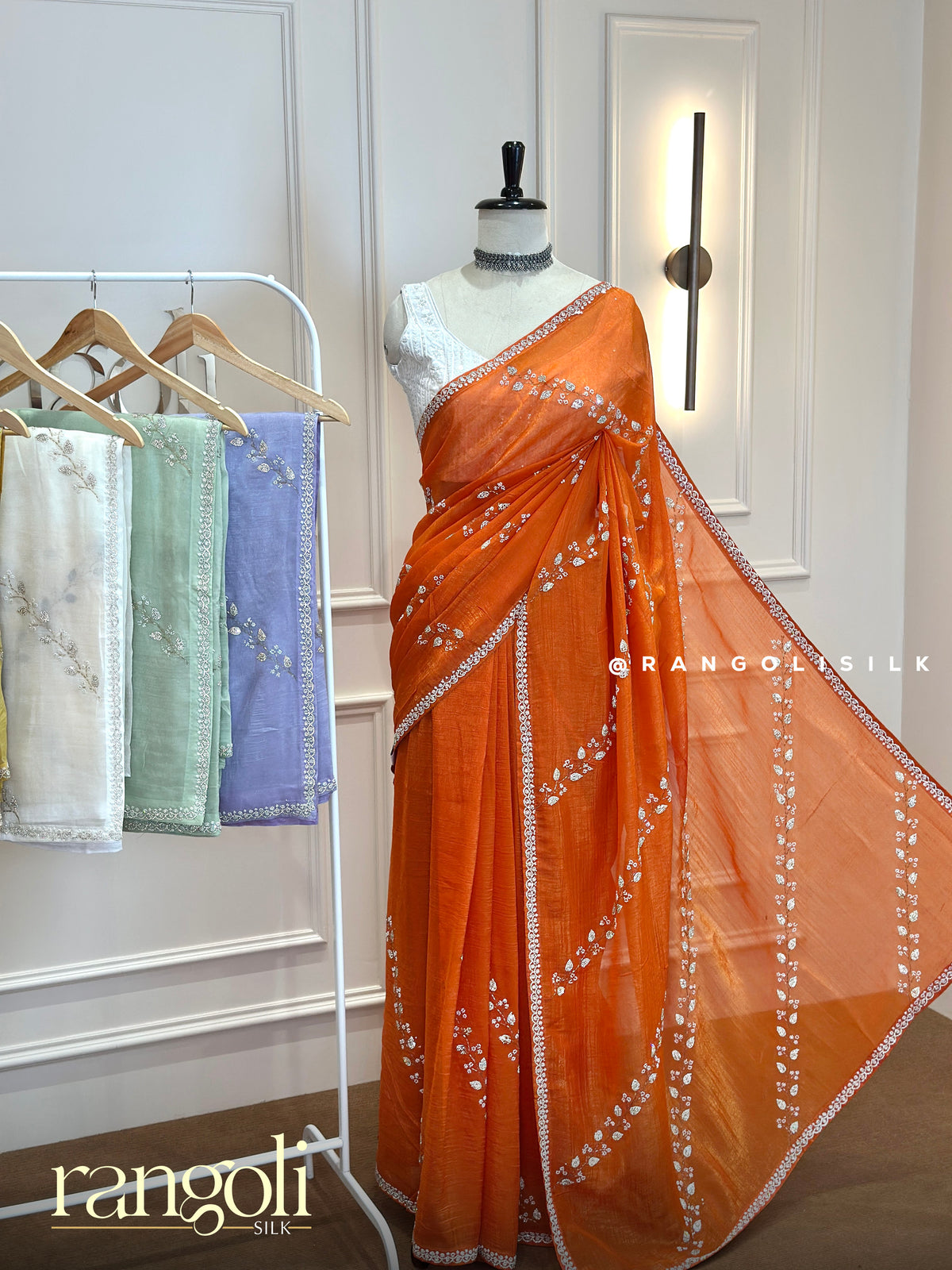 Designer Partywear Saree with Diagonal Leaf Embroidery - Post 1036