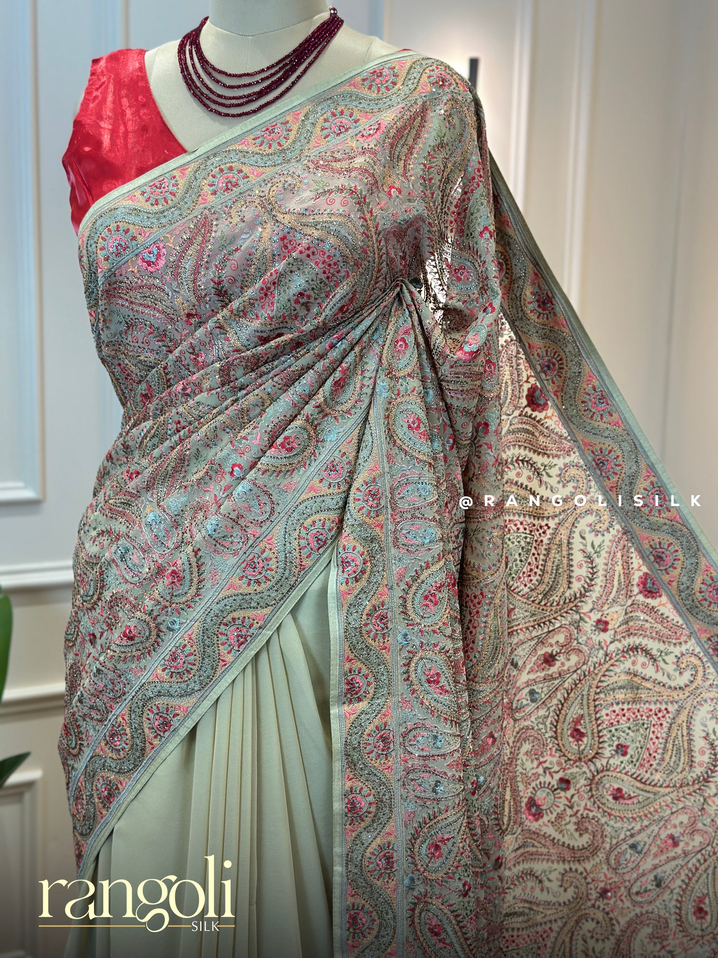 Beige Embroidered Saree with Rose Pink & Sage Green Paisley Motifs - Post 642