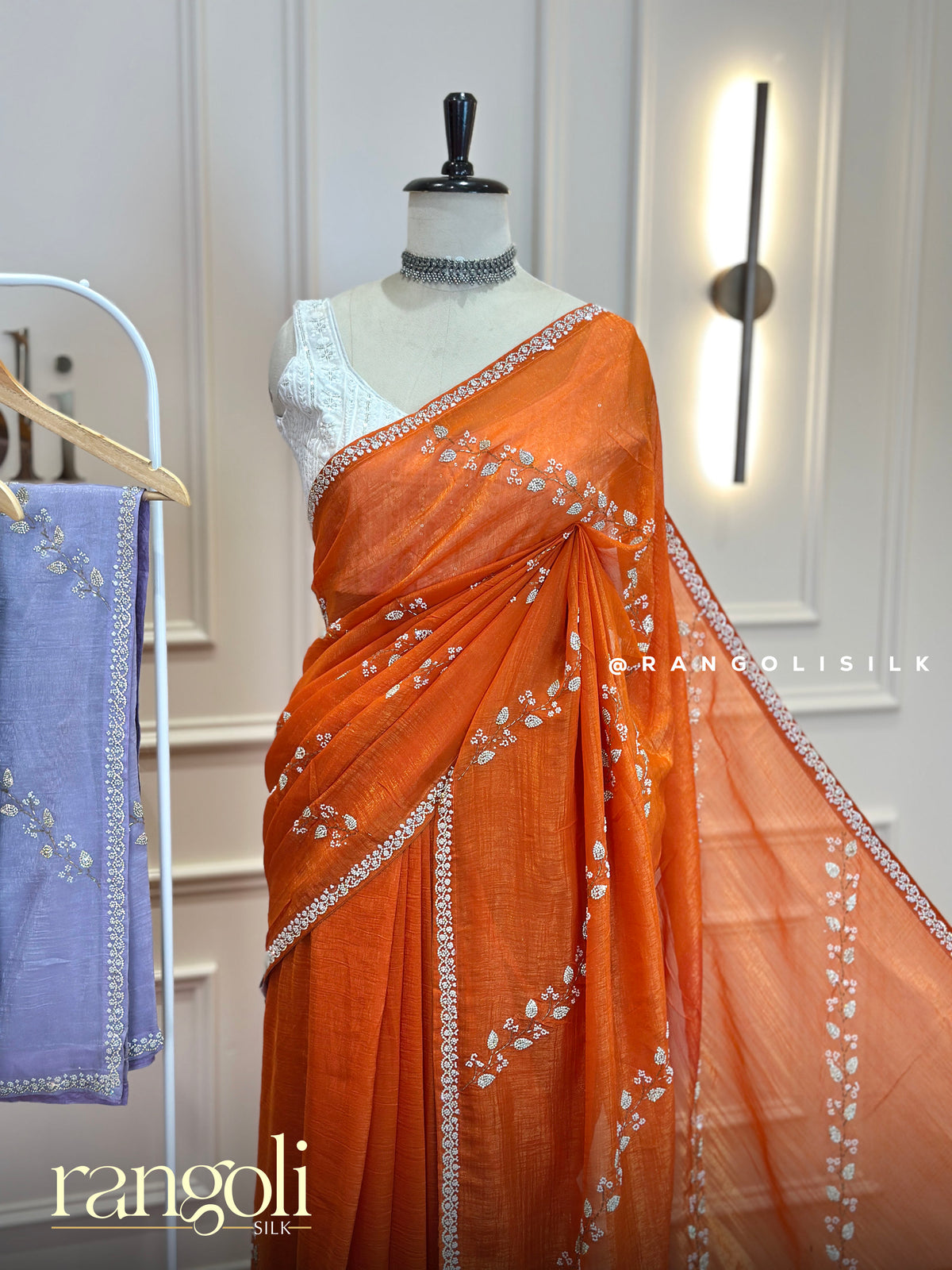 Designer Partywear Saree with Diagonal Leaf Embroidery - Post 1036