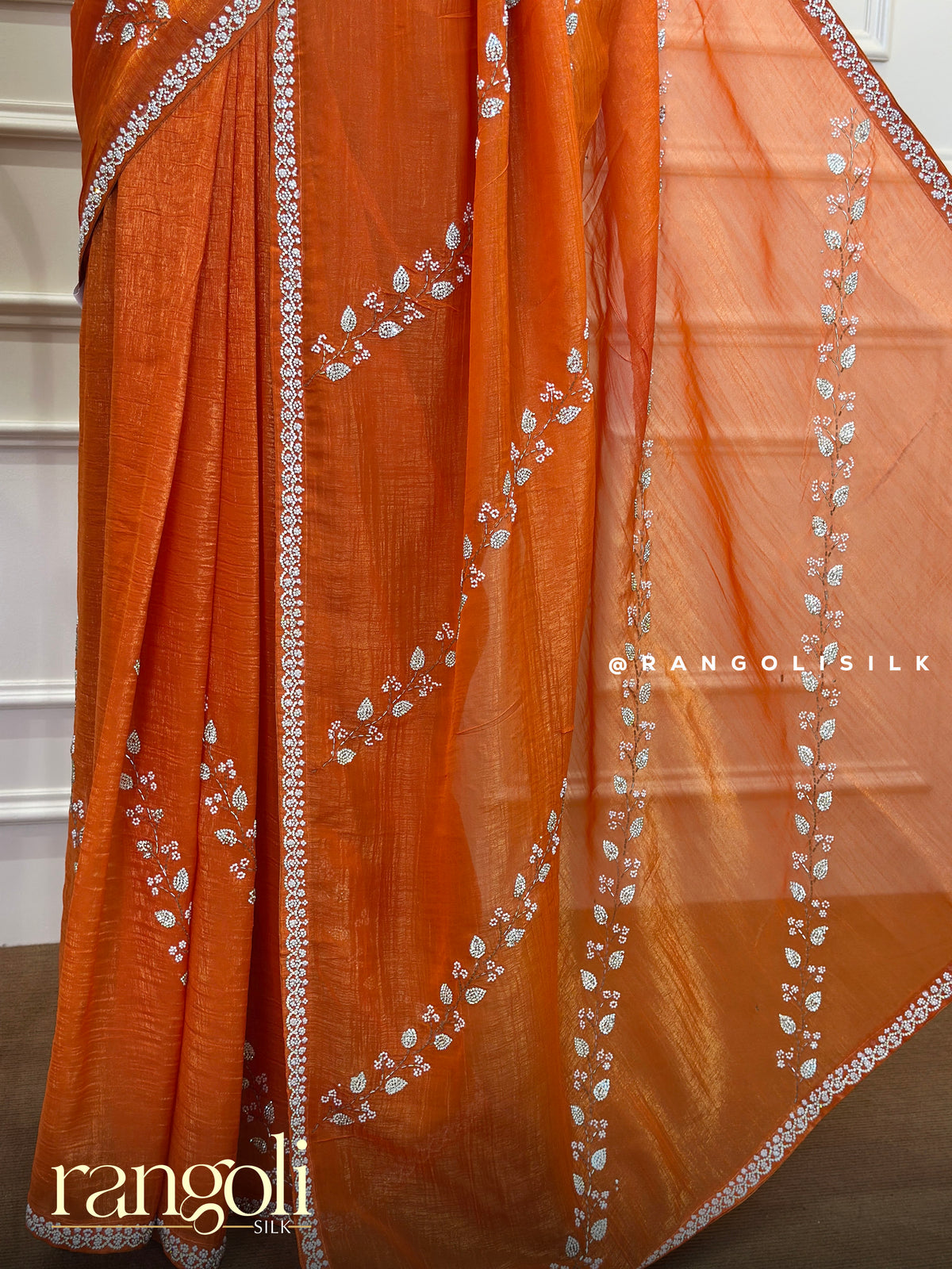 Designer Partywear Saree with Diagonal Leaf Embroidery - Post 1036