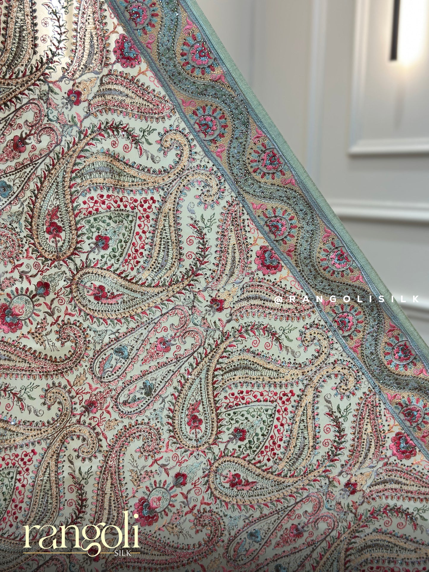 Beige Embroidered Saree with Rose Pink & Sage Green Paisley Motifs - Post 642