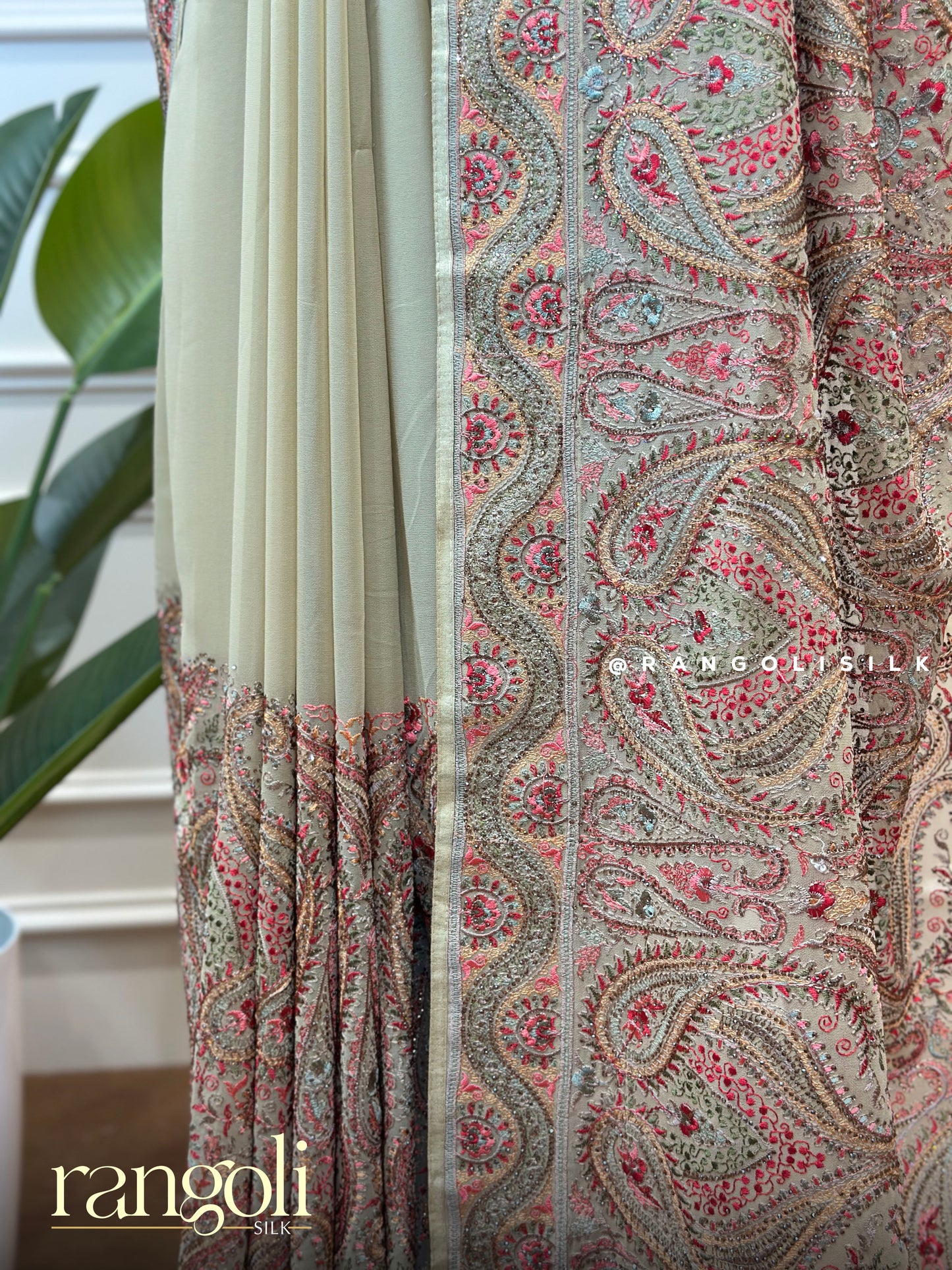 Beige Embroidered Saree with Rose Pink & Sage Green Paisley Motifs - Post 642