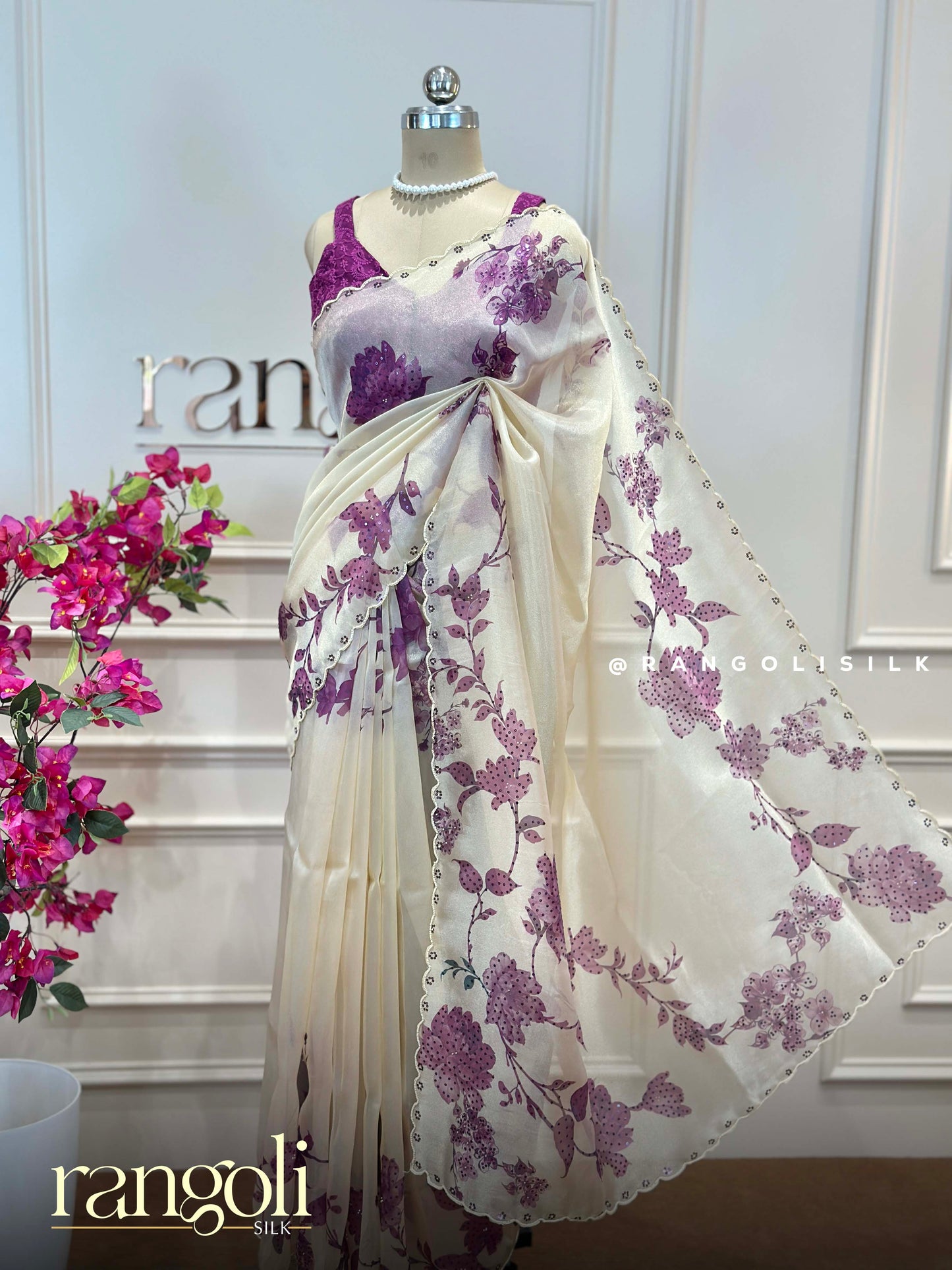 Elegant Ivory Organza Designer Saree with Floral Embroidery & Sequins Work - Post 934