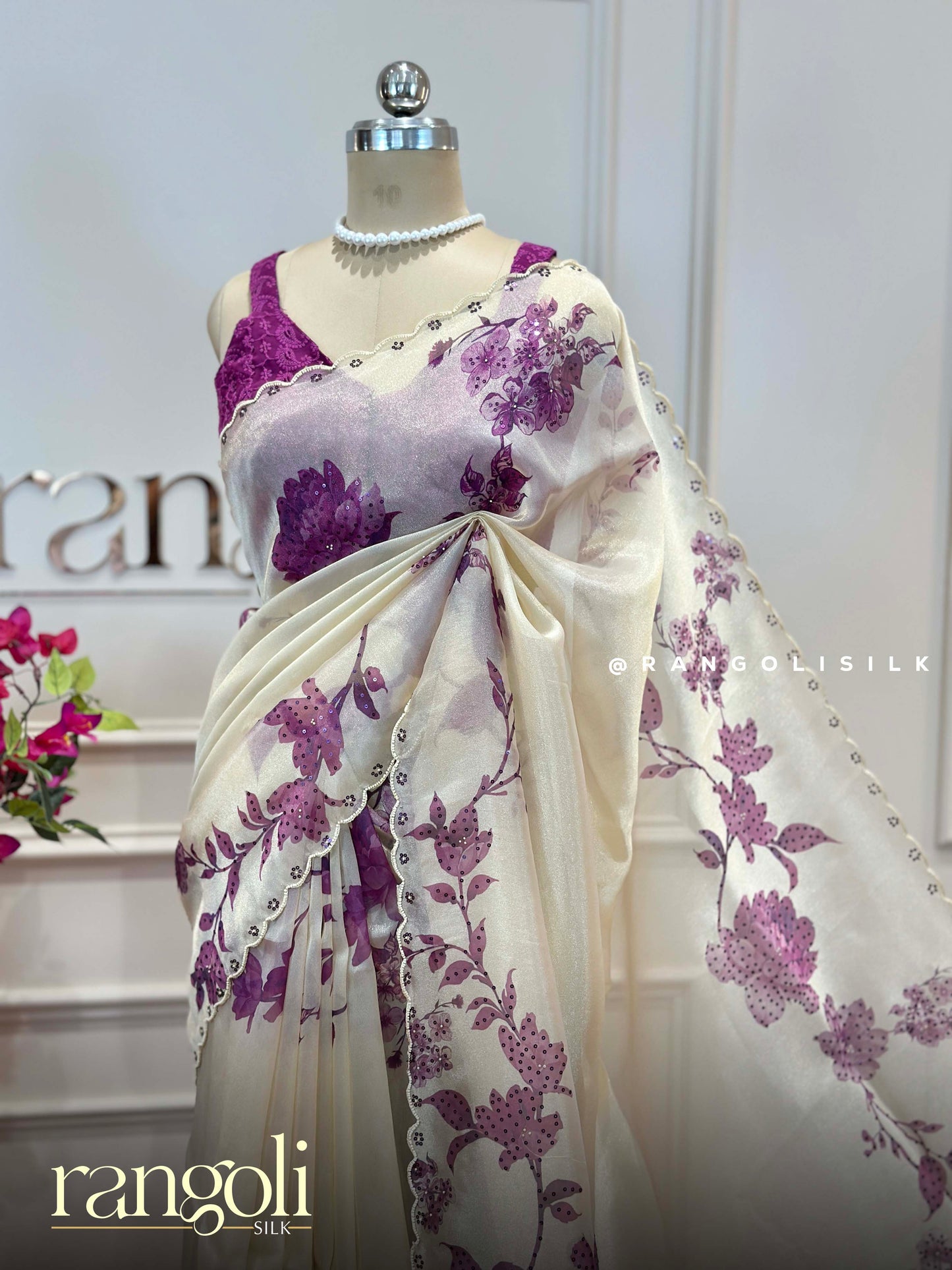 Elegant Ivory Organza Designer Saree with Floral Embroidery & Sequins Work - Post 934