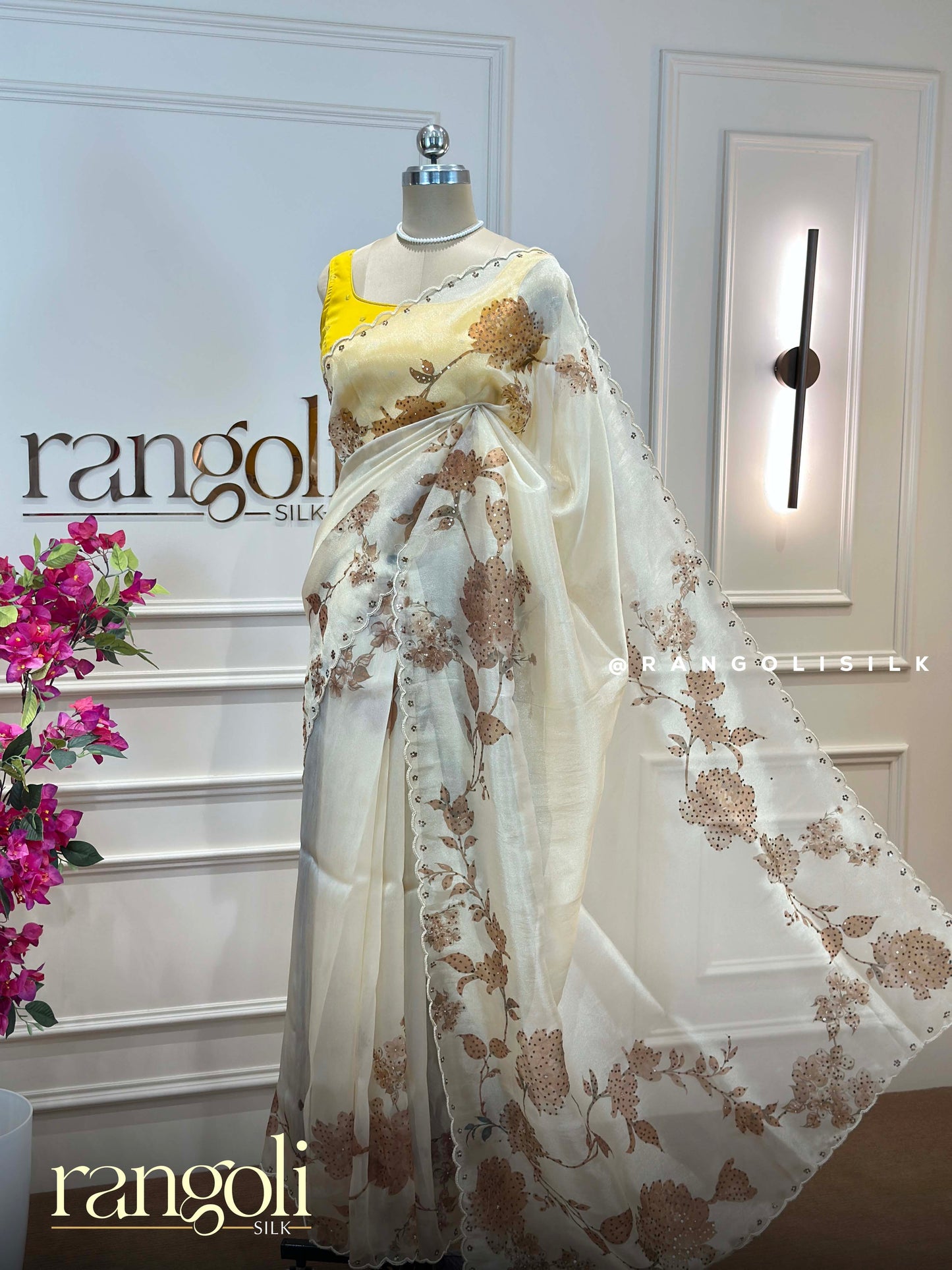Elegant Ivory Organza Designer Saree with Floral Embroidery & Sequins Work - Post 934