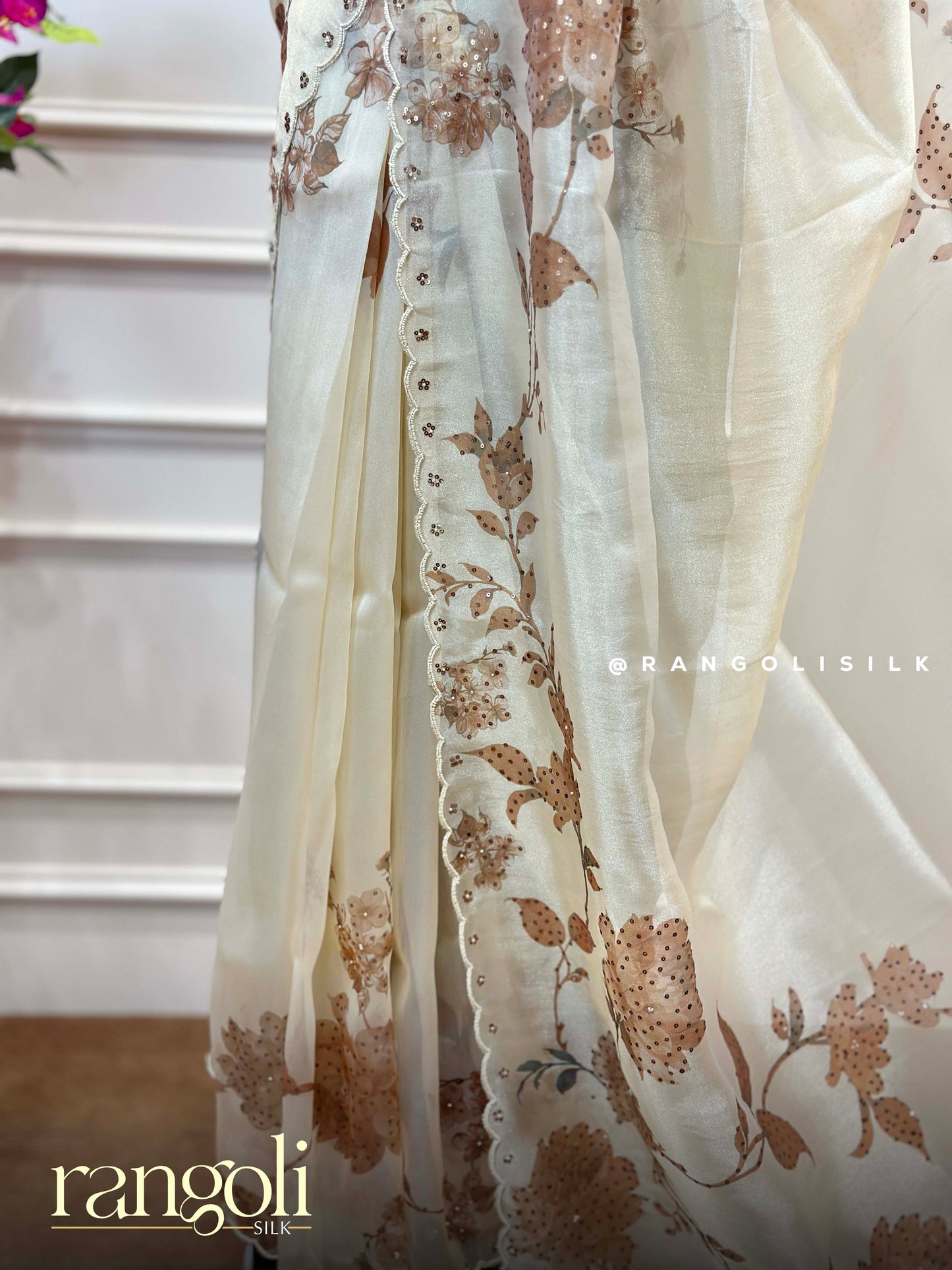 Elegant Ivory Organza Designer Saree with Floral Embroidery & Sequins Work - Post 934