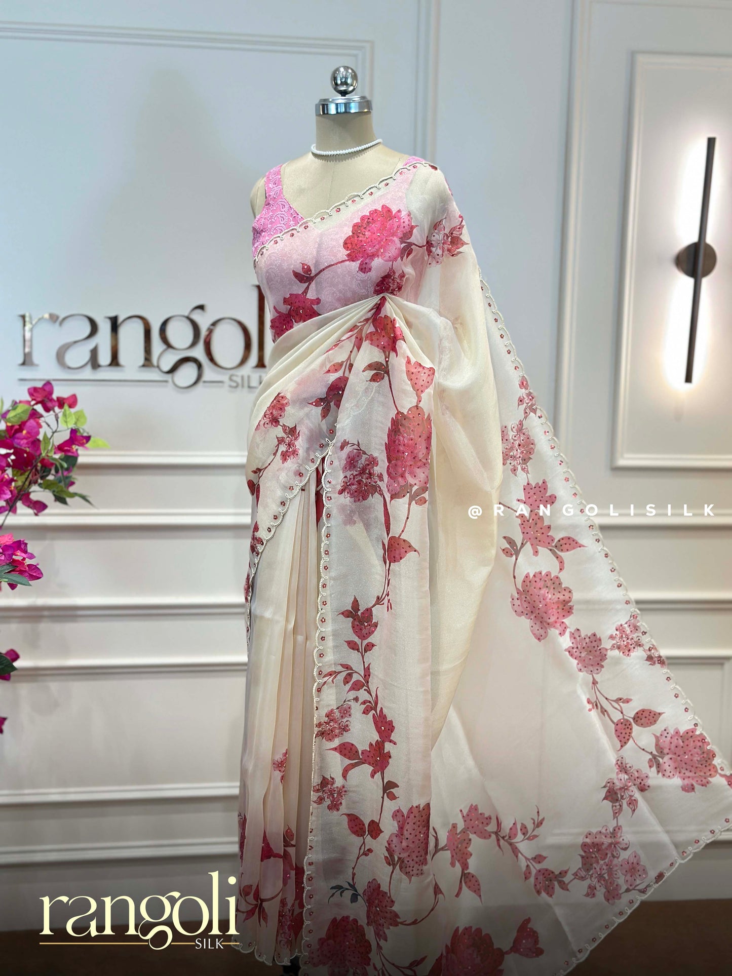Elegant Ivory Organza Designer Saree with Floral Embroidery & Sequins Work - Post 934
