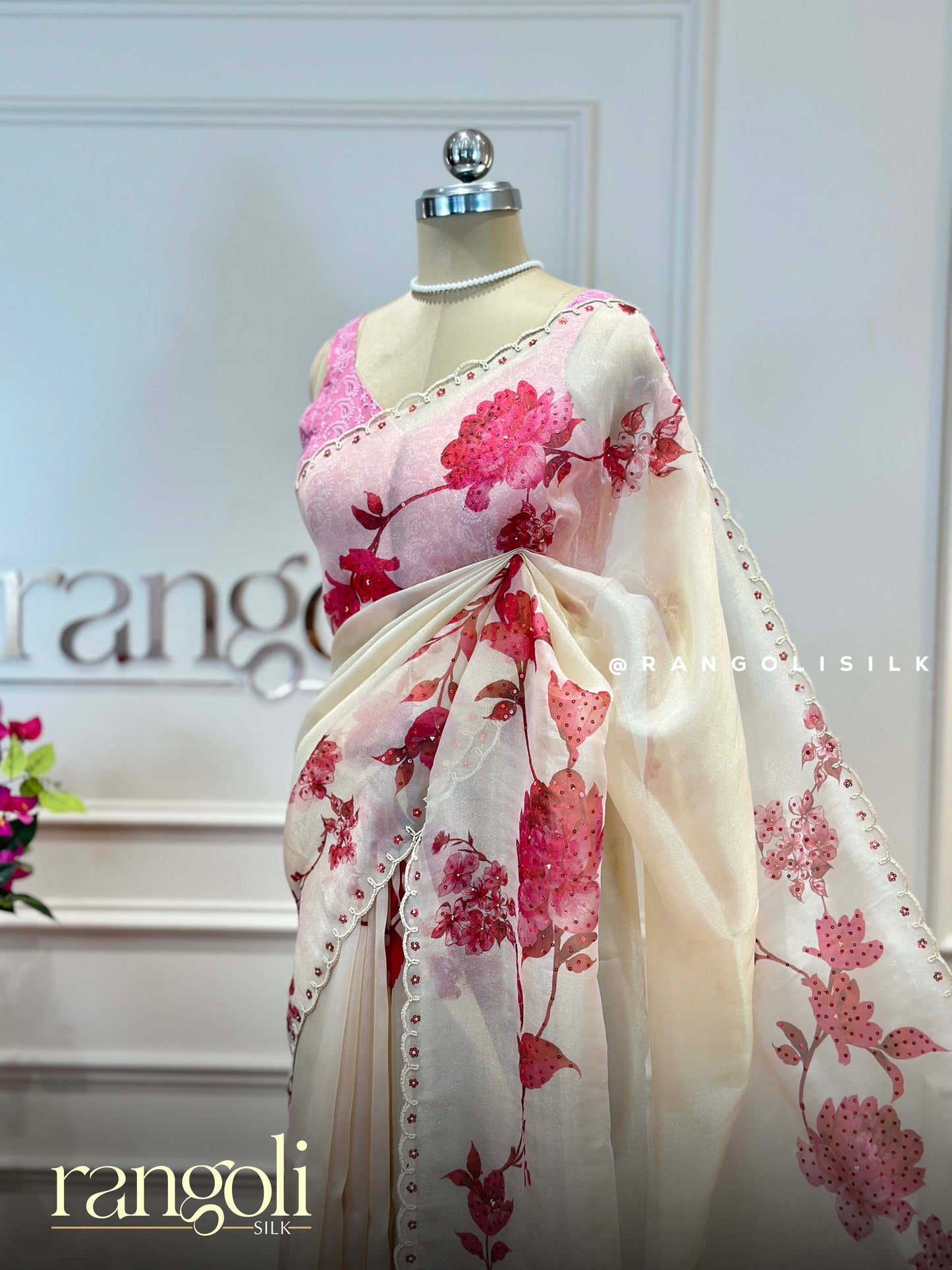 Elegant Ivory Organza Designer Saree with Floral Embroidery & Sequins Work - Post 934