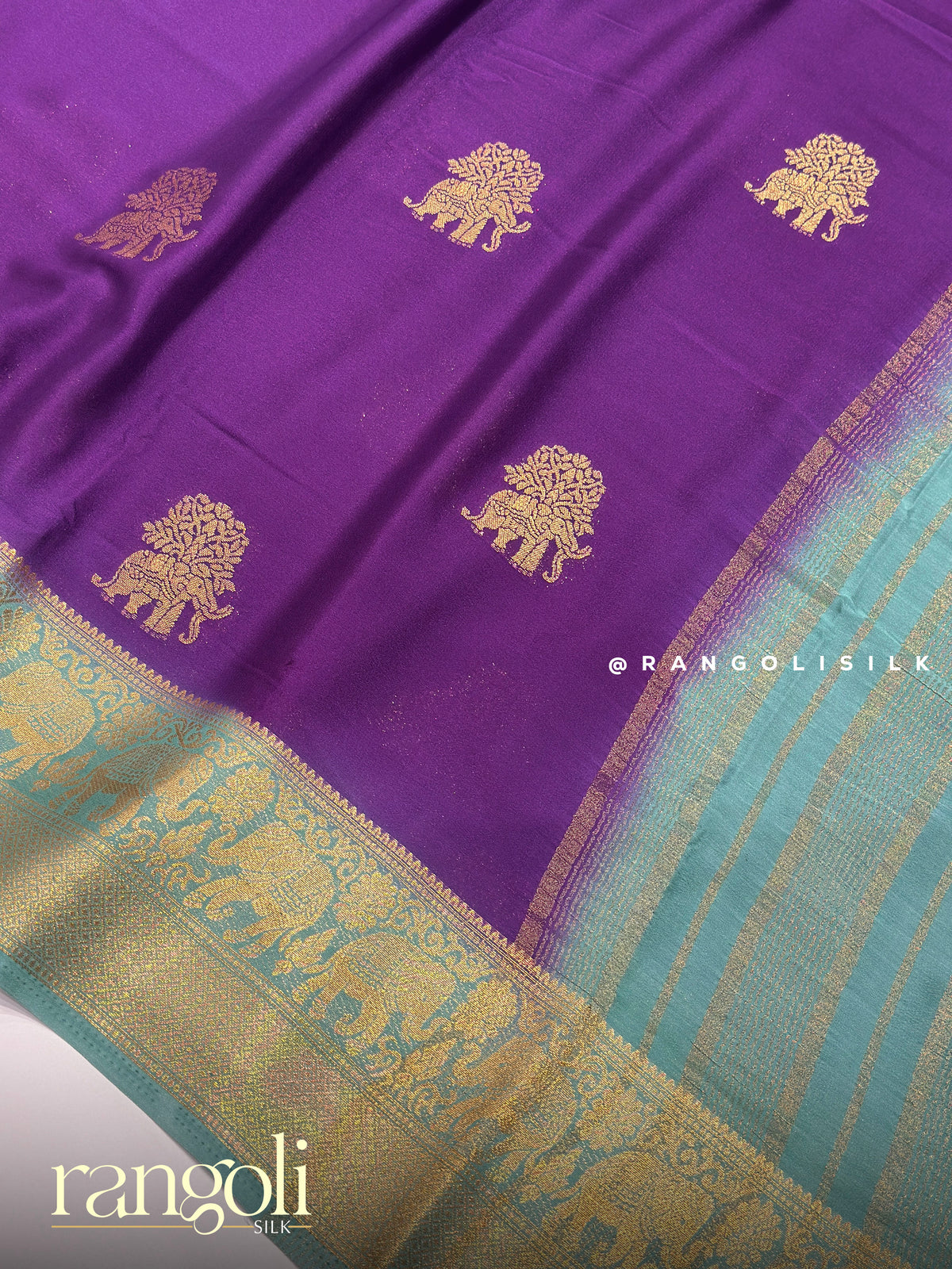Semi Mysore Crepe Silk Saree with Elephant Motifs & Traditional Border - Post 1039