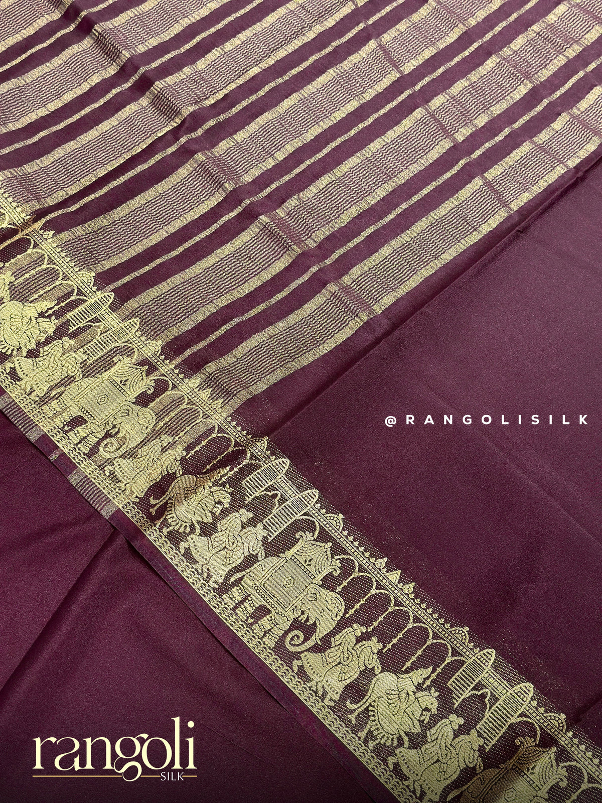 Semi Mysore Crepe Silk Saree with Elephant Motifs & Traditional Border - Post 1039