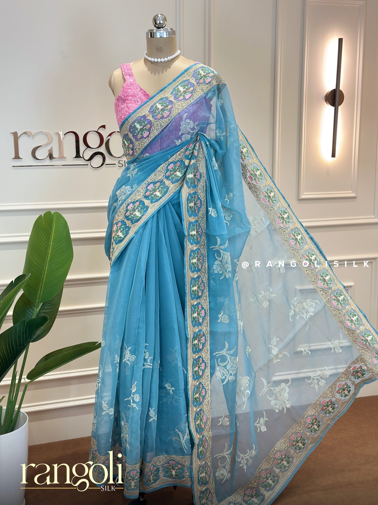 Aqua Blue Designer Saree with Embroidery & Sheer Floral Pallu - Post 638