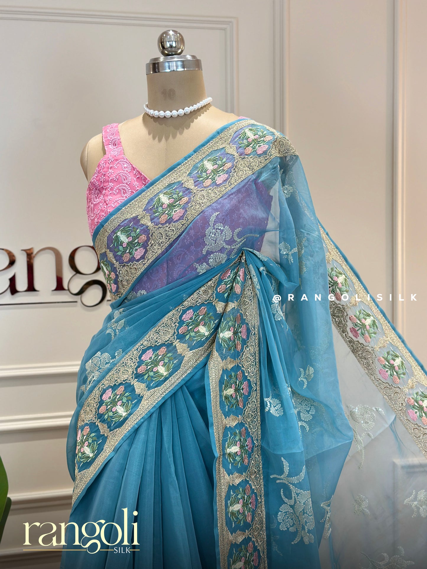 Aqua Blue Designer Saree with Embroidery & Sheer Floral Pallu - Post 638