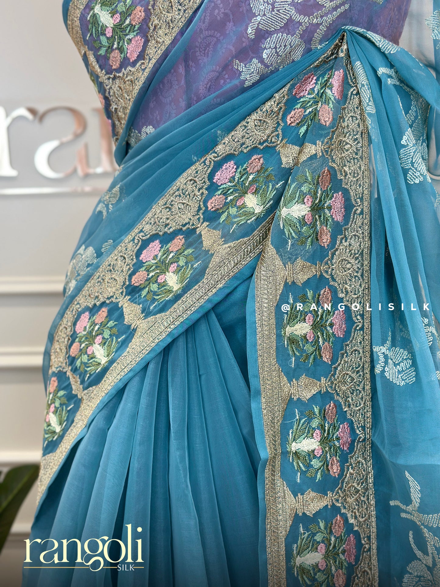 Aqua Blue Designer Saree with Embroidery & Sheer Floral Pallu - Post 638