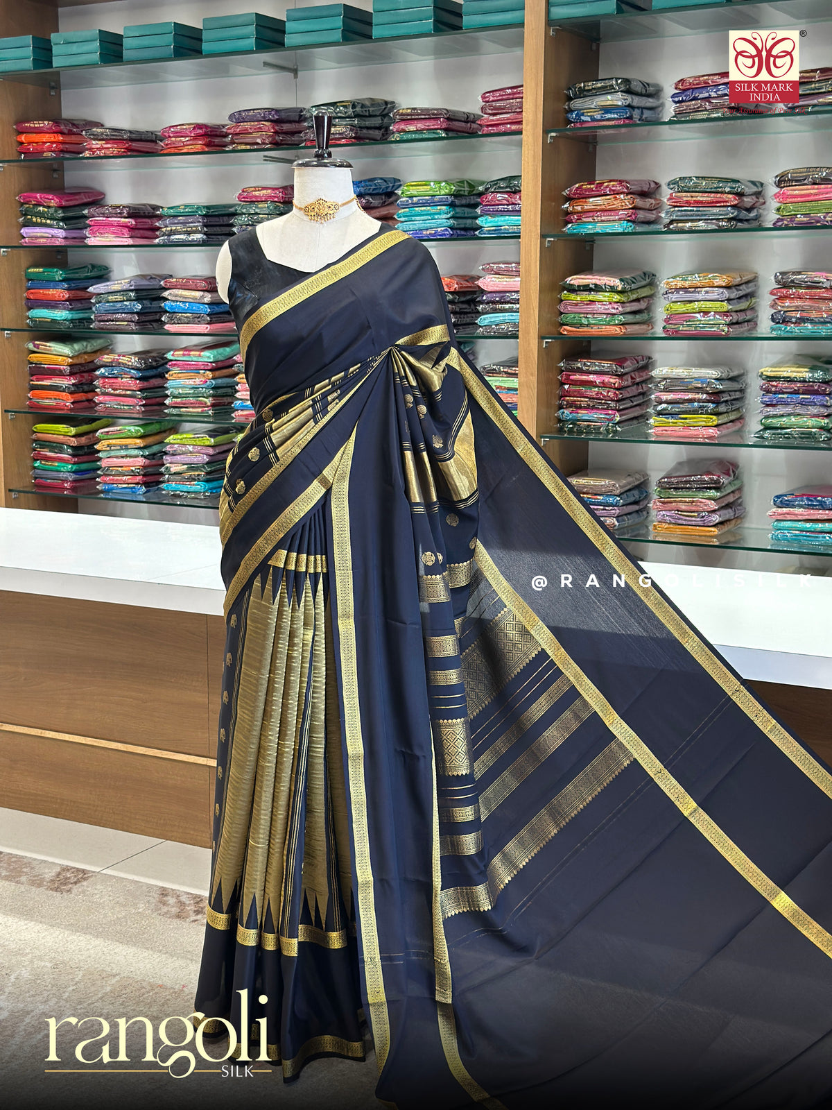 Black Pure Mysore Crepe Silk Saree with Elephant, Gandaberunda & Peacock Buttas – Silk Mark Certified - Post 1038