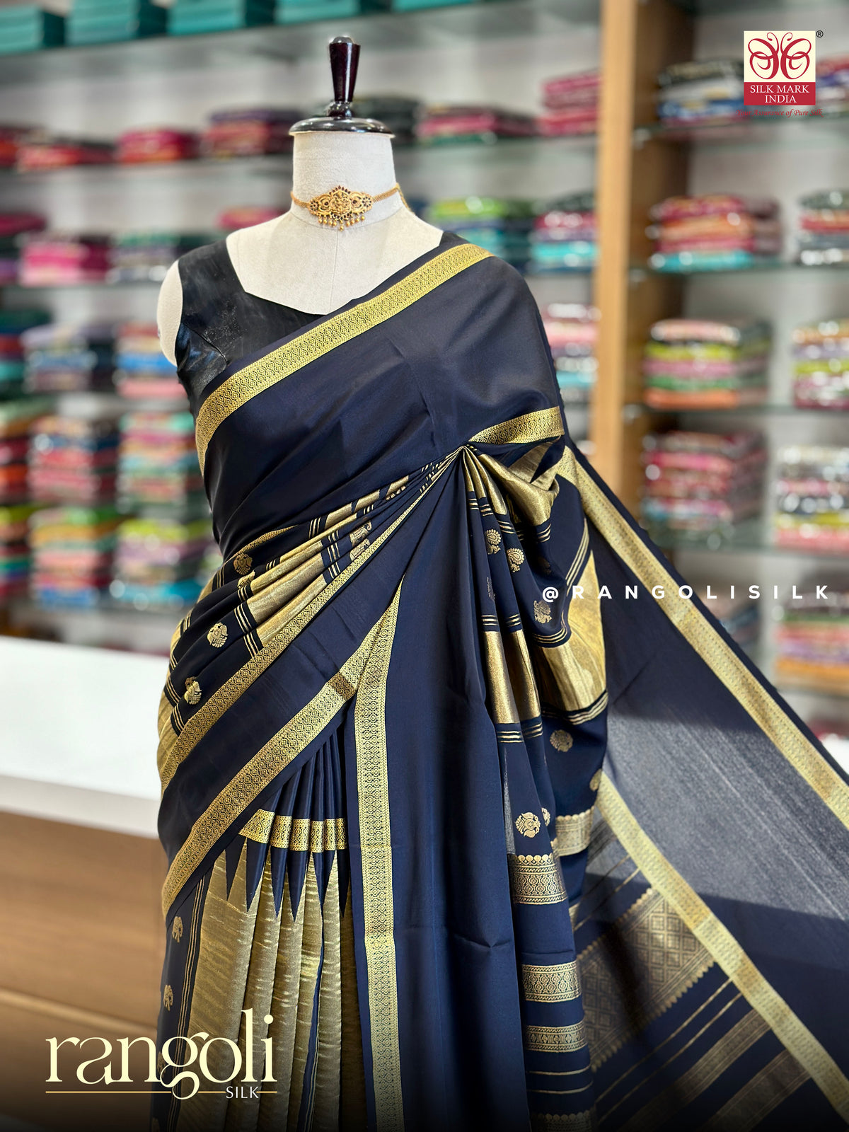 Black Pure Mysore Crepe Silk Saree with Elephant, Gandaberunda & Peacock Buttas – Silk Mark Certified - Post 1038