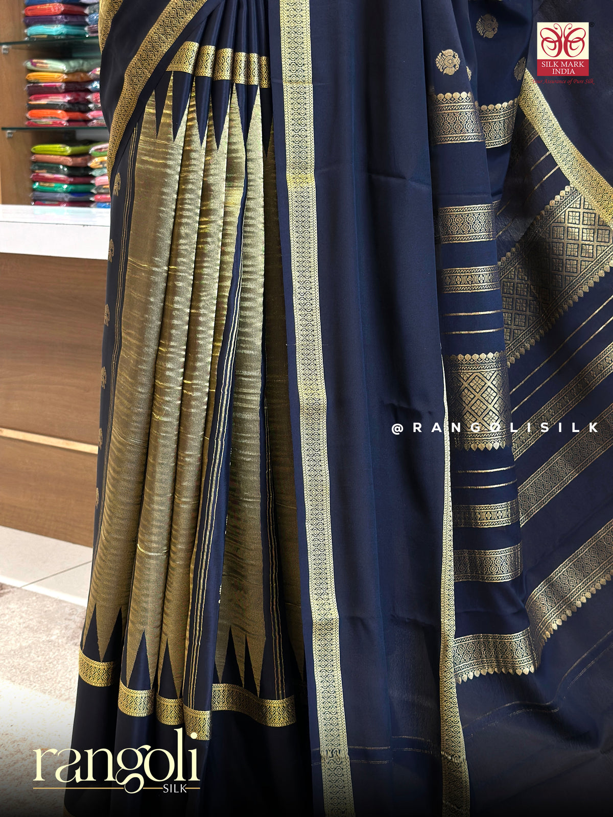 Black Pure Mysore Crepe Silk Saree with Elephant, Gandaberunda & Peacock Buttas – Silk Mark Certified - Post 1038