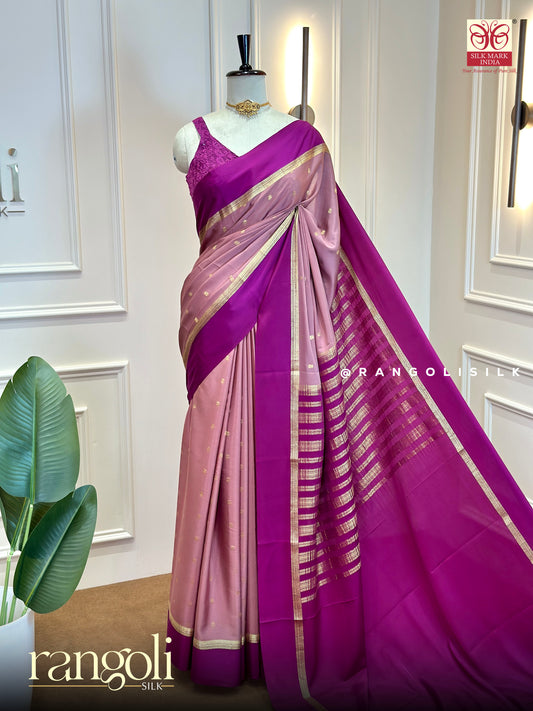 Pure Mysore Crepe Silk Saree with Gold Zari Buttas & Contrast Border - Silk Mark Certified - Post 1049