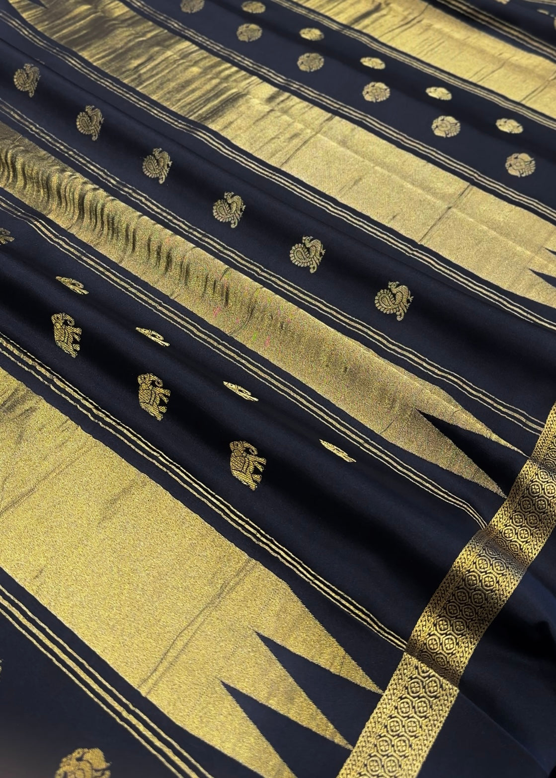 Black Pure Mysore Crepe Silk Saree with Elephant, Gandaberunda & Peacock Buttas – Silk Mark Certified - Post 1038