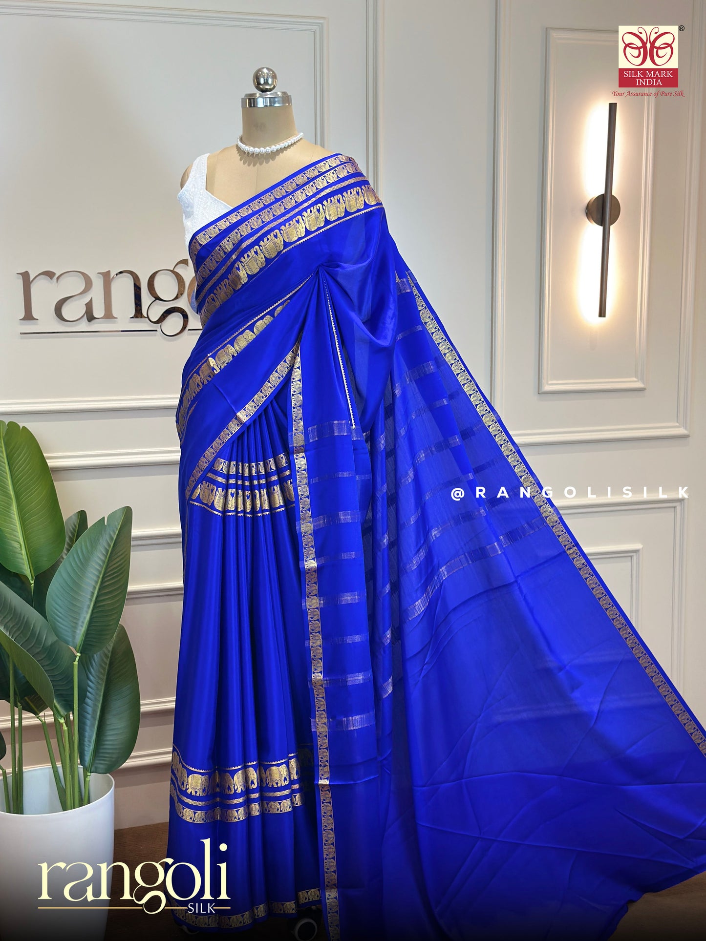 Pure Mysore Silk Saree in Royal Blue with Gold Zari Borders - Post 630