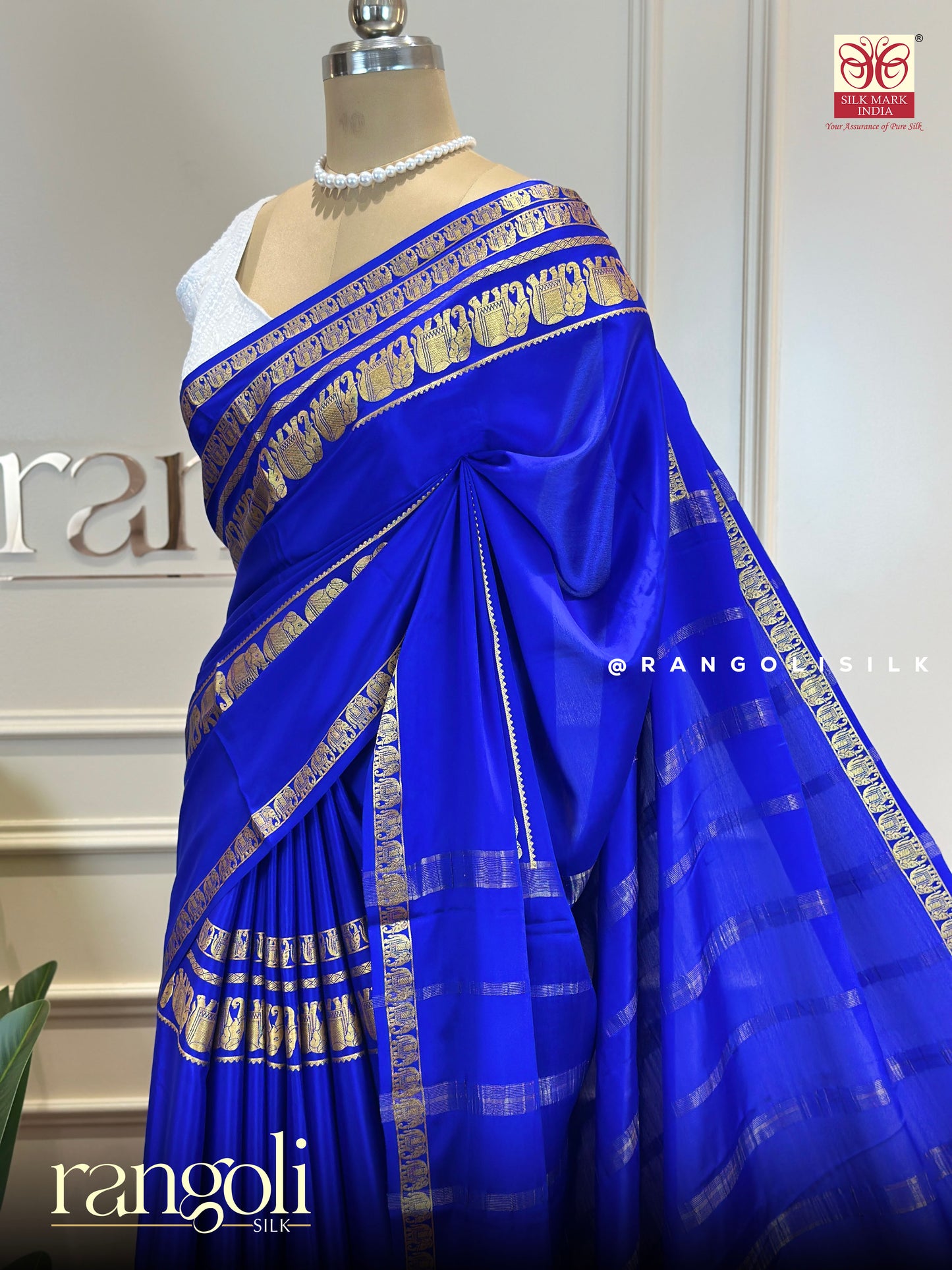 Pure Mysore Silk Saree in Royal Blue with Gold Zari Borders - Post 630