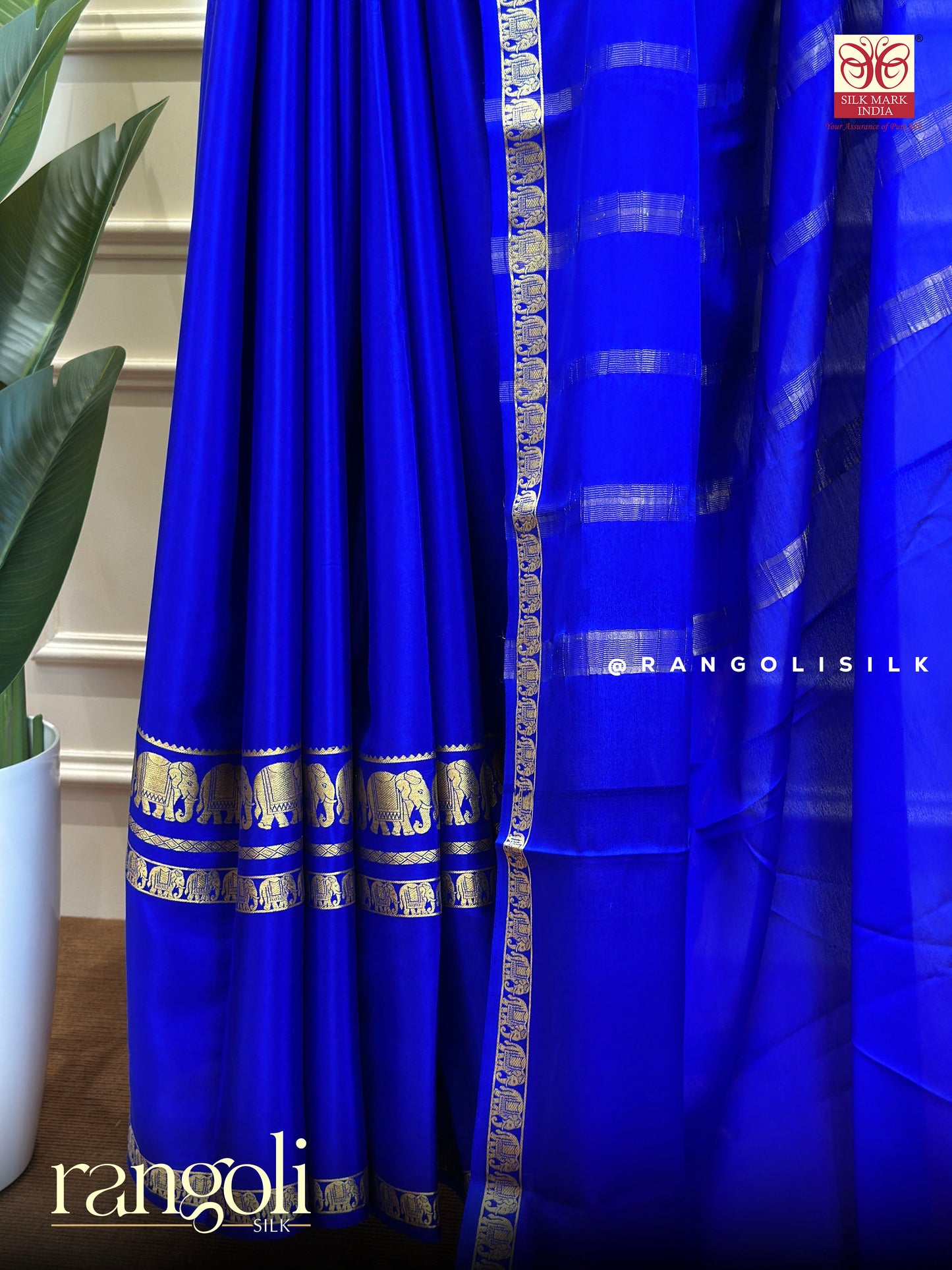 Pure Mysore Silk Saree in Royal Blue with Gold Zari Borders - Post 630