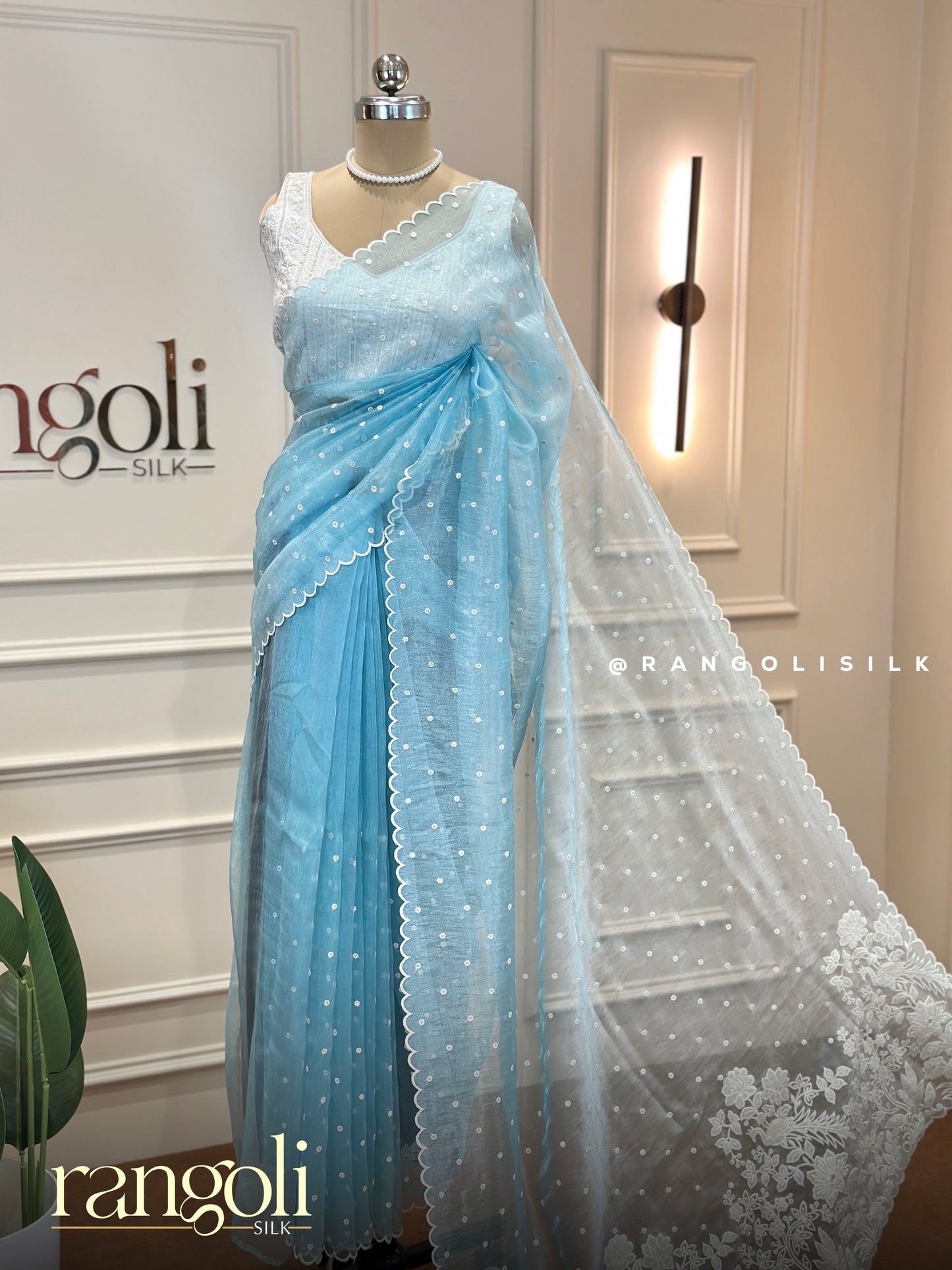 Designer Saree with Sequin Buti Work and Scalloped Embroidered Border - Post 824
