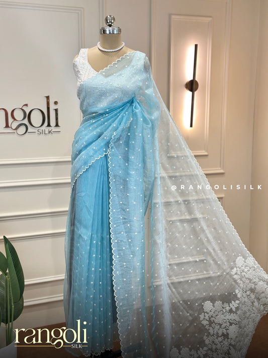 Designer Saree with Sequin Buti Work and Scalloped Embroidered Border - Post 824